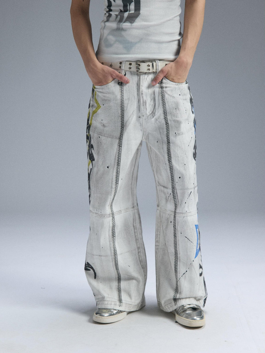 PAIKI Graphic Letter Print Distressed Loose Wide Leg Women's Cotton Chinos