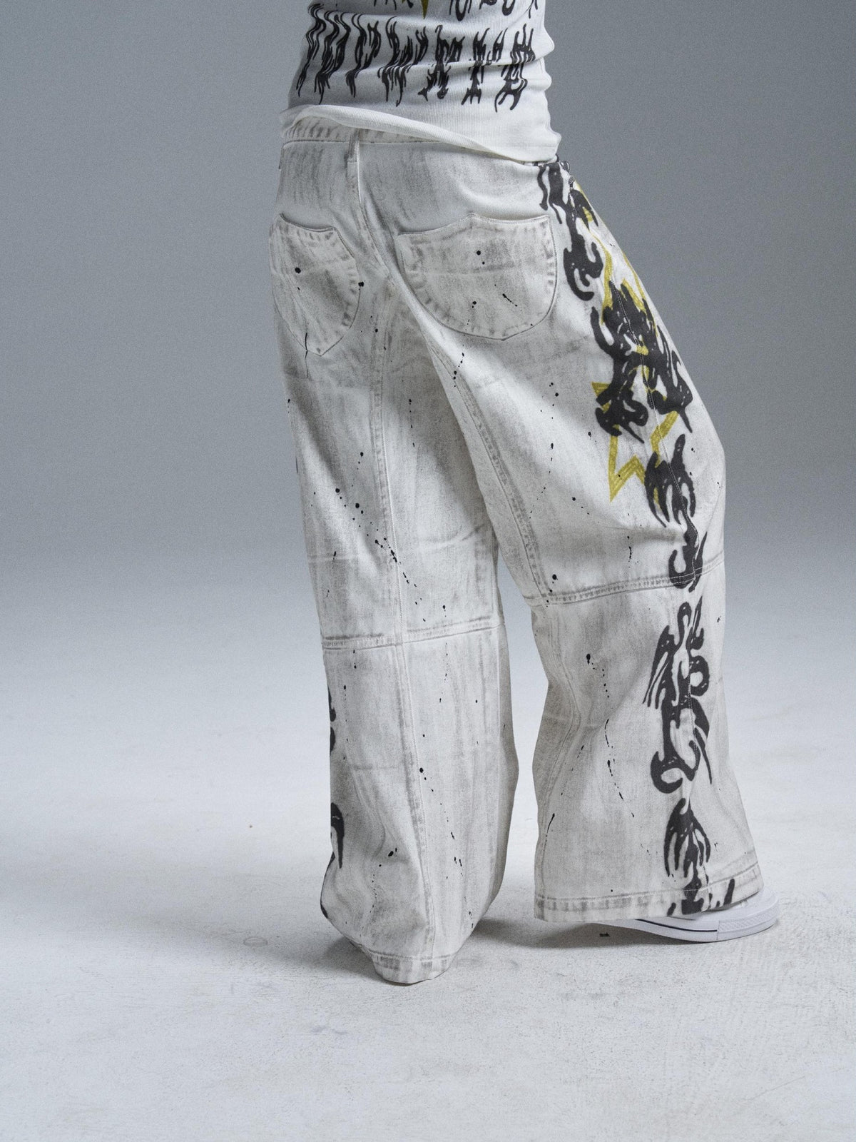 PAIKI Graphic Letter Print Distressed Loose Wide Leg Women's Cotton Chinos