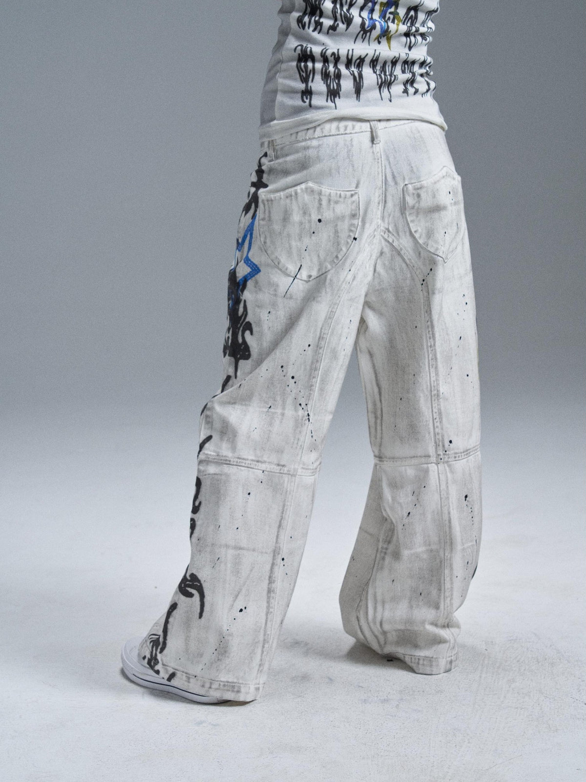 PAIKI Graphic Letter Print Distressed Loose Wide Leg Women's Cotton Chinos