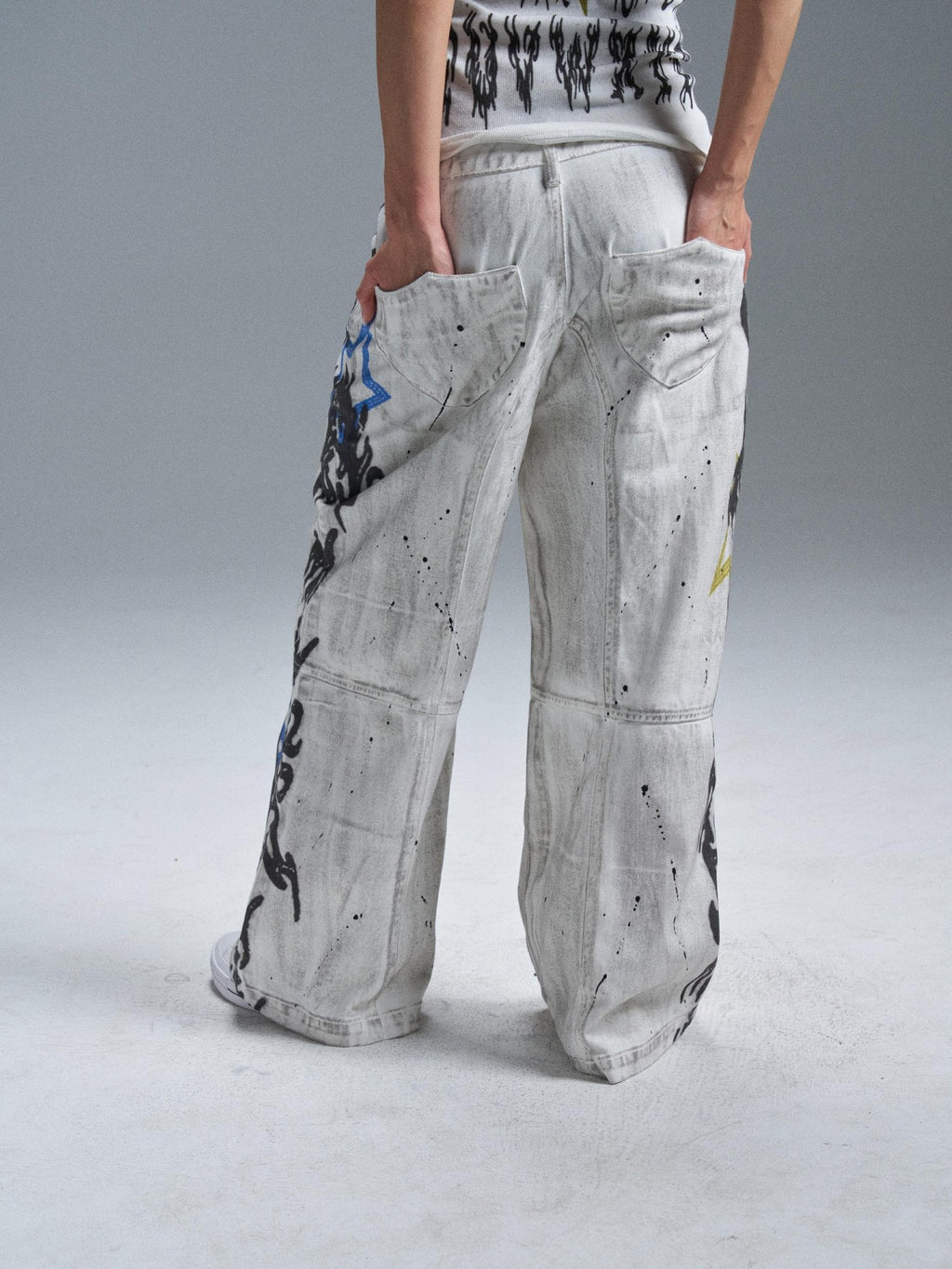 PAIKI Graphic Letter Print Distressed Loose Wide Leg Women's Cotton Chinos