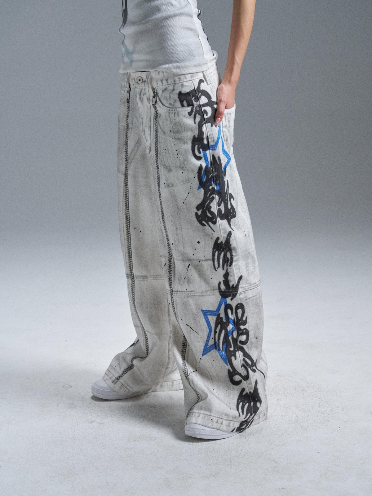PAIKI Graphic Letter Print Distressed Loose Wide Leg Women's Cotton Chinos