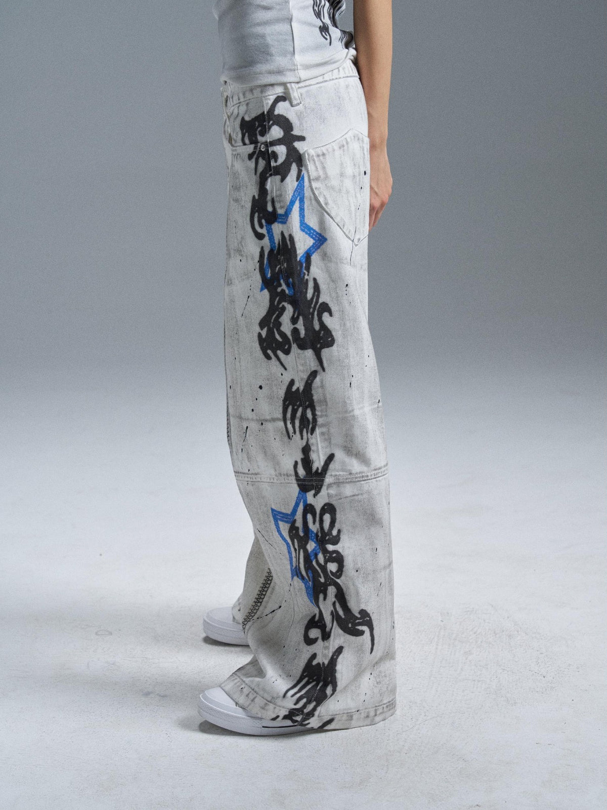 PAIKI Graphic Letter Print Distressed Loose Wide Leg Women's Cotton Chinos