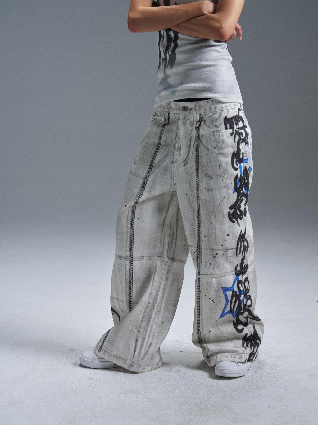 PAIKI Graphic Letter Print Distressed Loose Wide Leg Women's Cotton Chinos