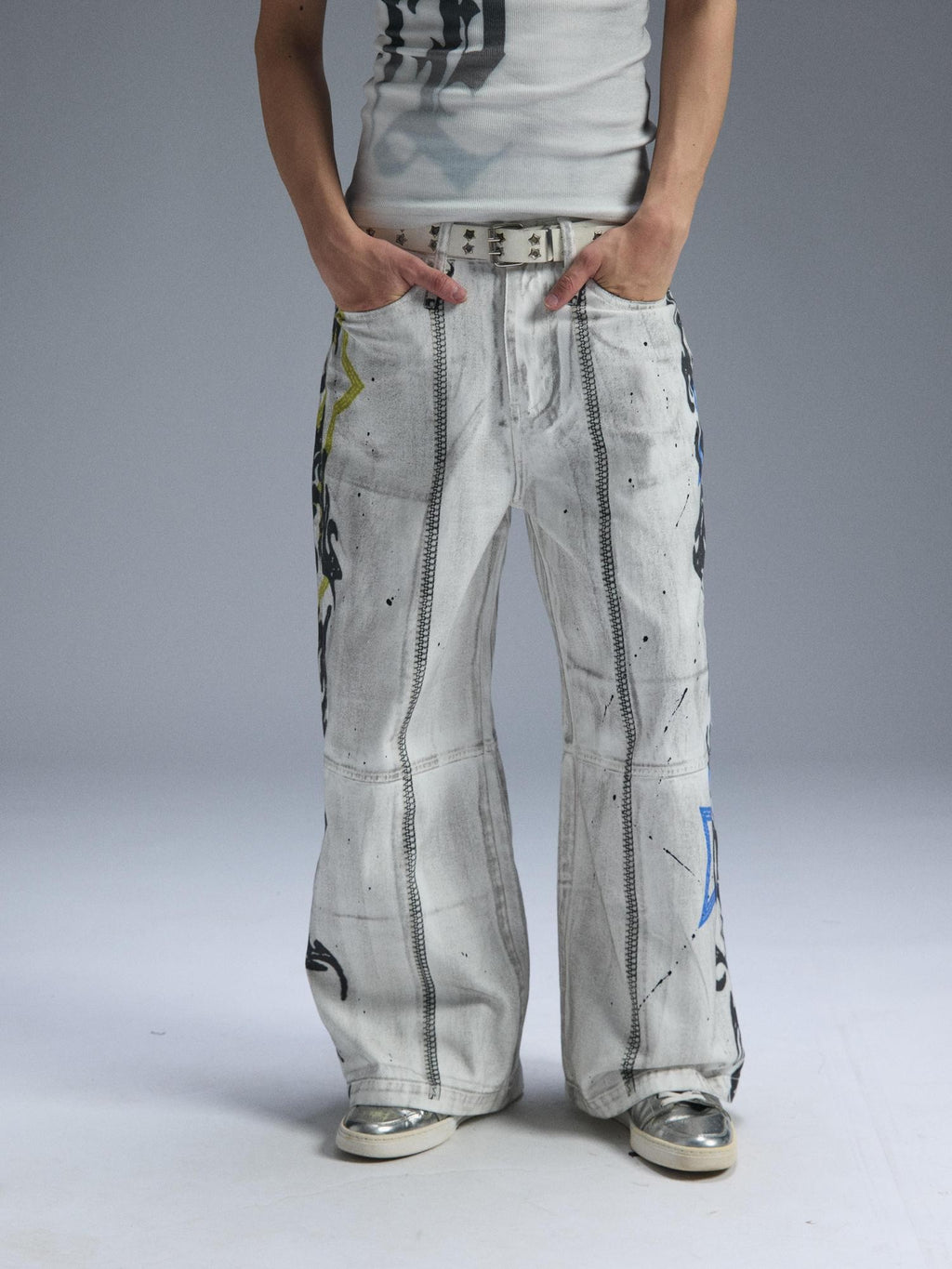 PAIKI Graphic Letter Print Distressed Loose Wide Leg Women's Cotton Chinos
