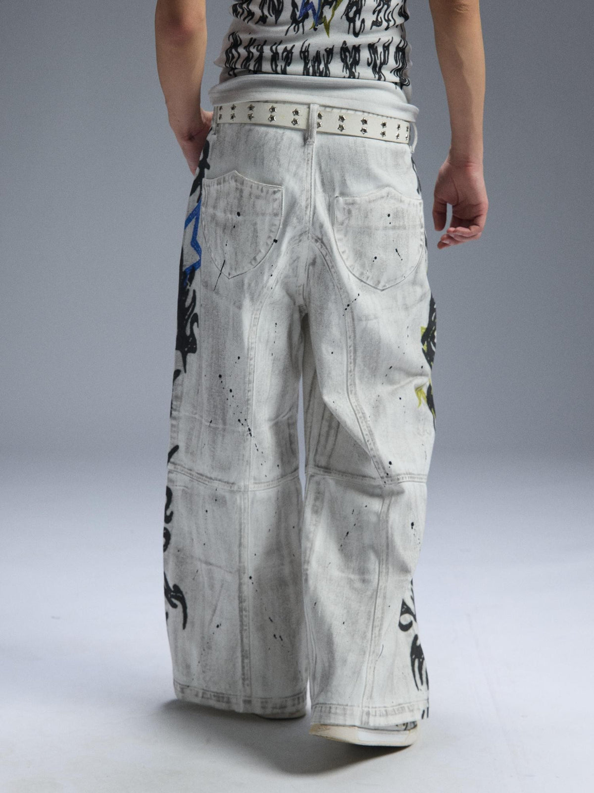 PAIKI Graphic Letter Print Distressed Loose Wide Leg Women's Cotton Chinos