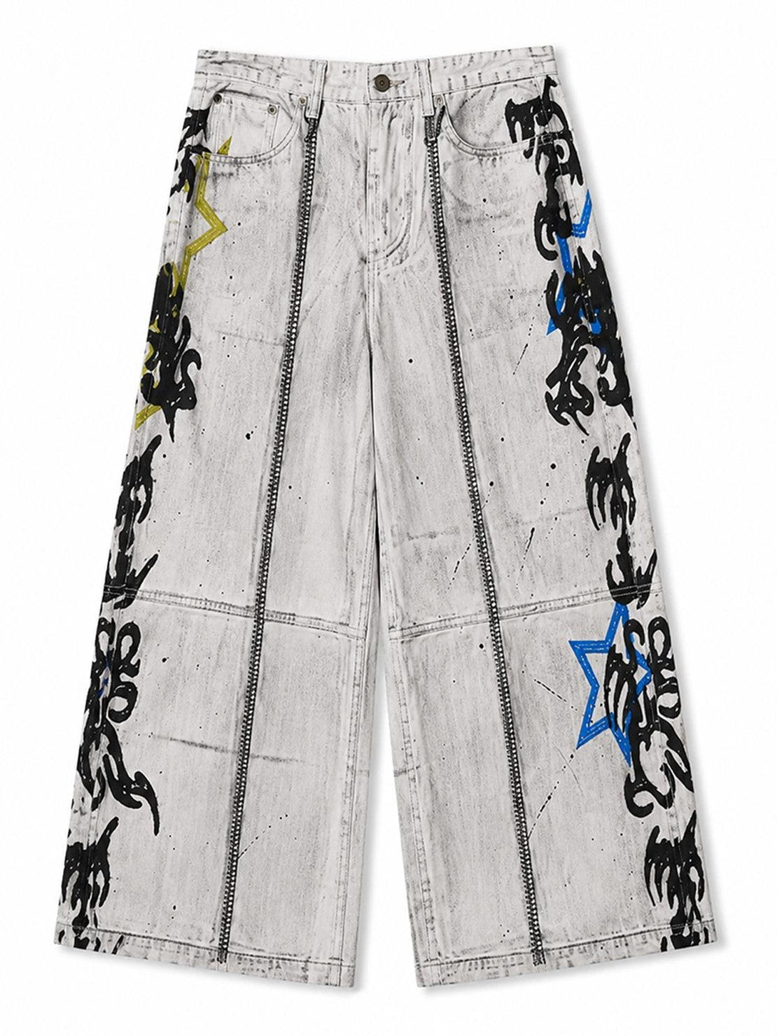 PAIKI Graphic Letter Print Distressed Loose Wide Leg Women's Cotton Chinos