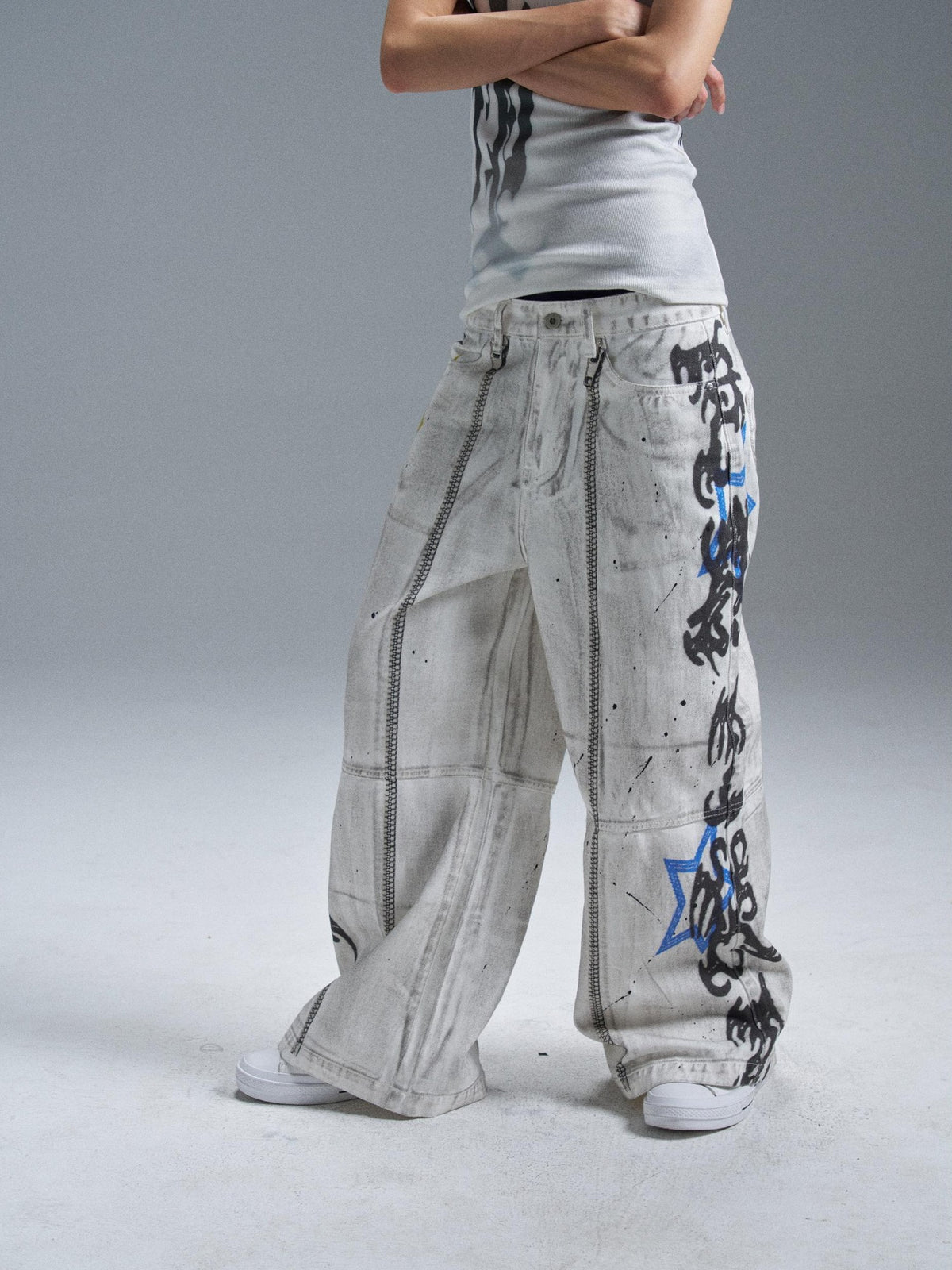 PAIKI Graphic Letter Print Distressed Loose Wide Leg Women's Cotton Chinos