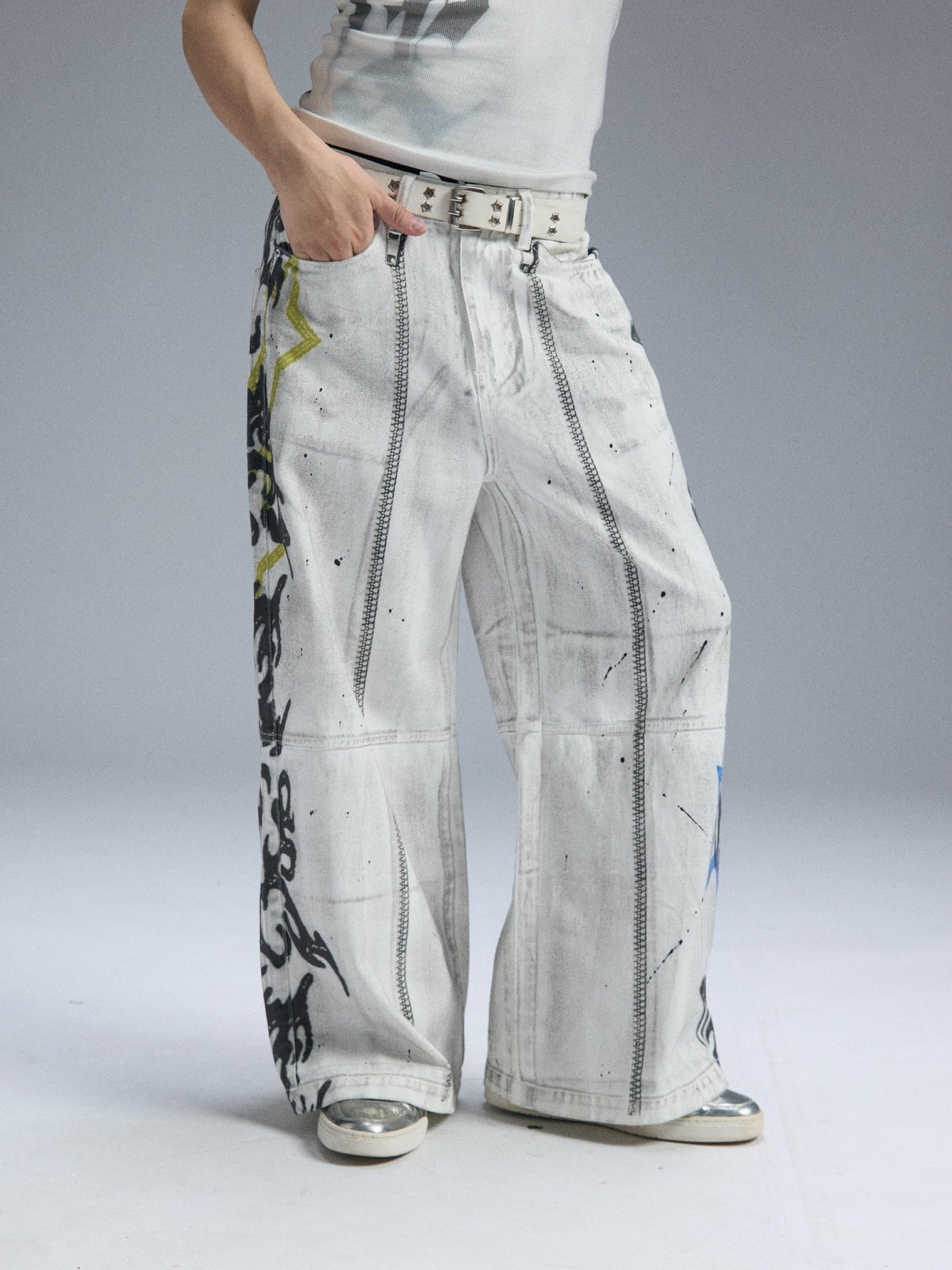 PAIKI Graphic Letter Print Distressed Loose Wide Leg Women's Cotton Chinos