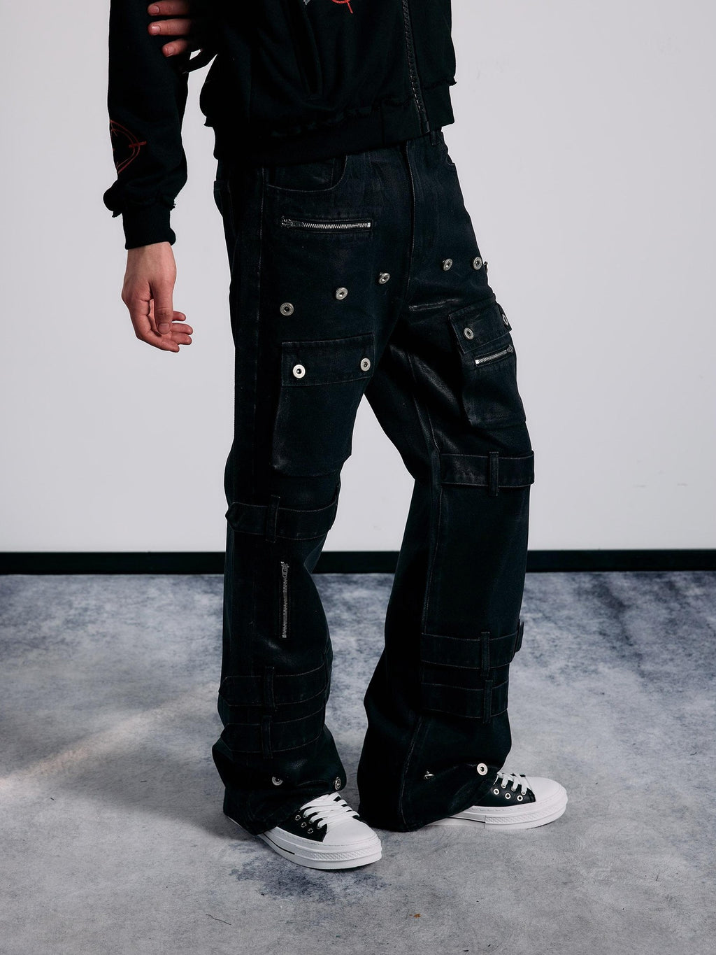 PAIKI Heavy Metal Waxed Lace Up Rivet Distressed Women's Bootcut Jeans