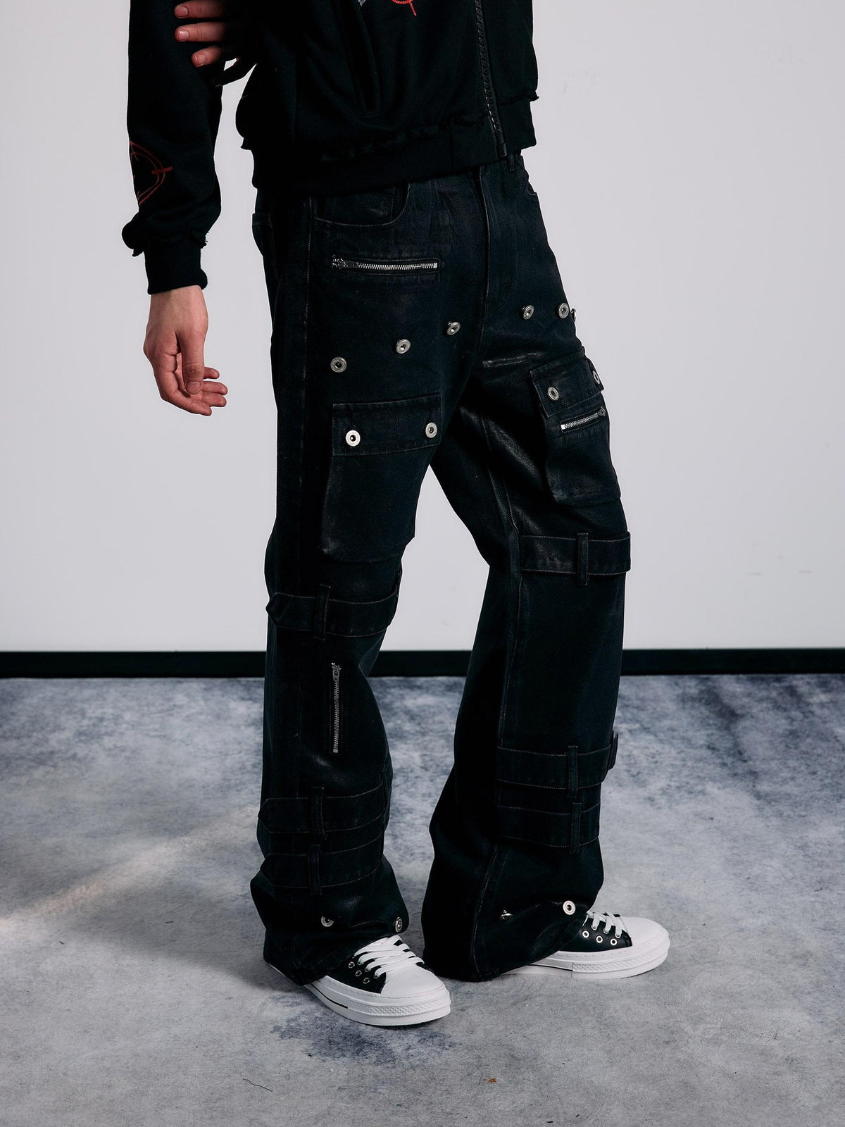 PAIKI Heavy Metal Waxed Lace Up Rivet Distressed Women's Bootcut Jeans