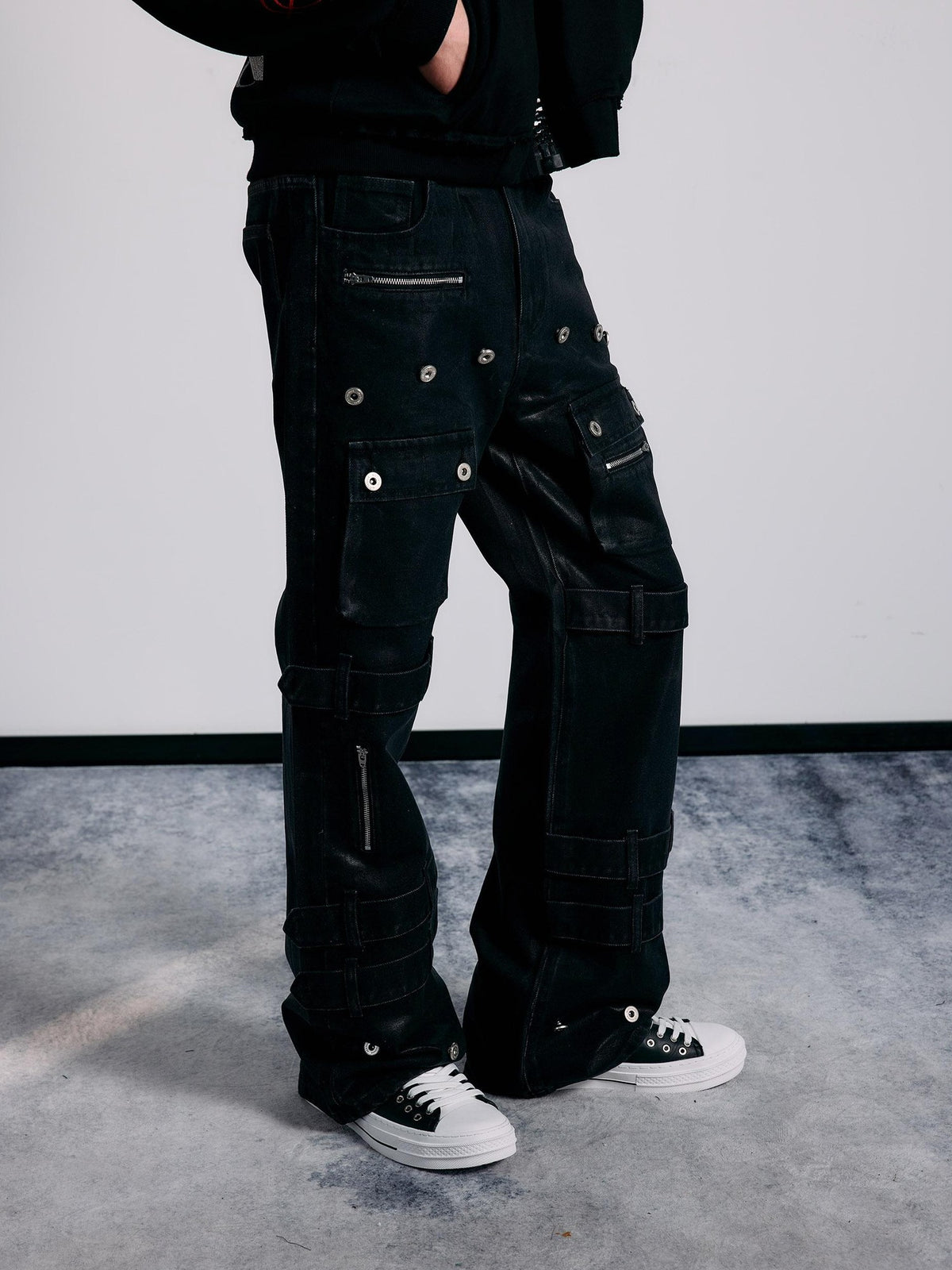PAIKI Heavy Metal Waxed Lace Up Rivet Distressed Women's Bootcut Jeans