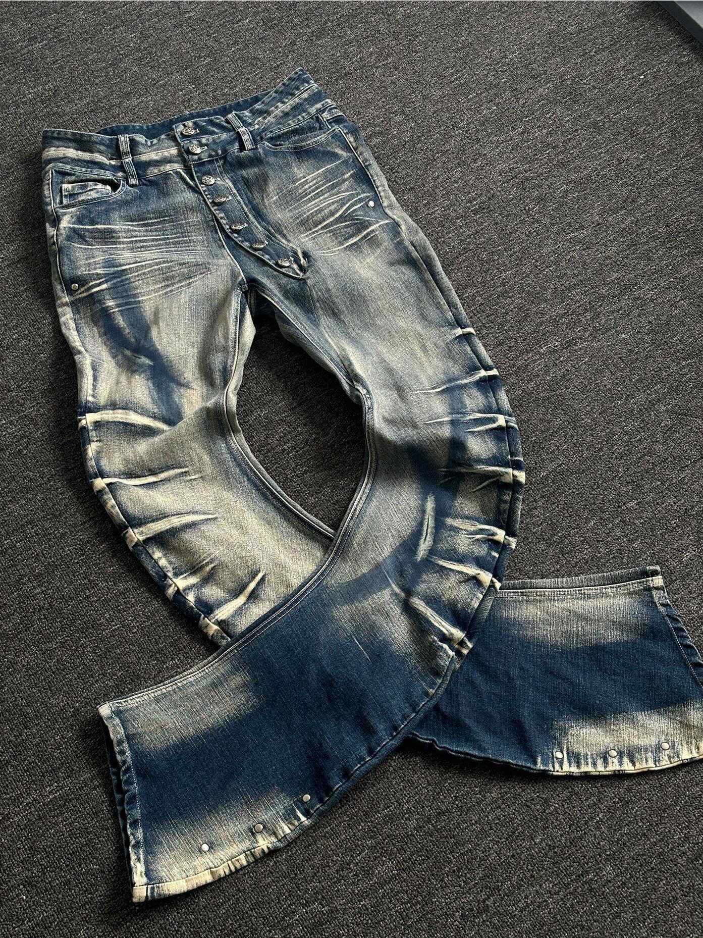 PAIKI High Stretch Shape Retaining Washed Rivet Low Rise Relaxed Blue Straight Jeans