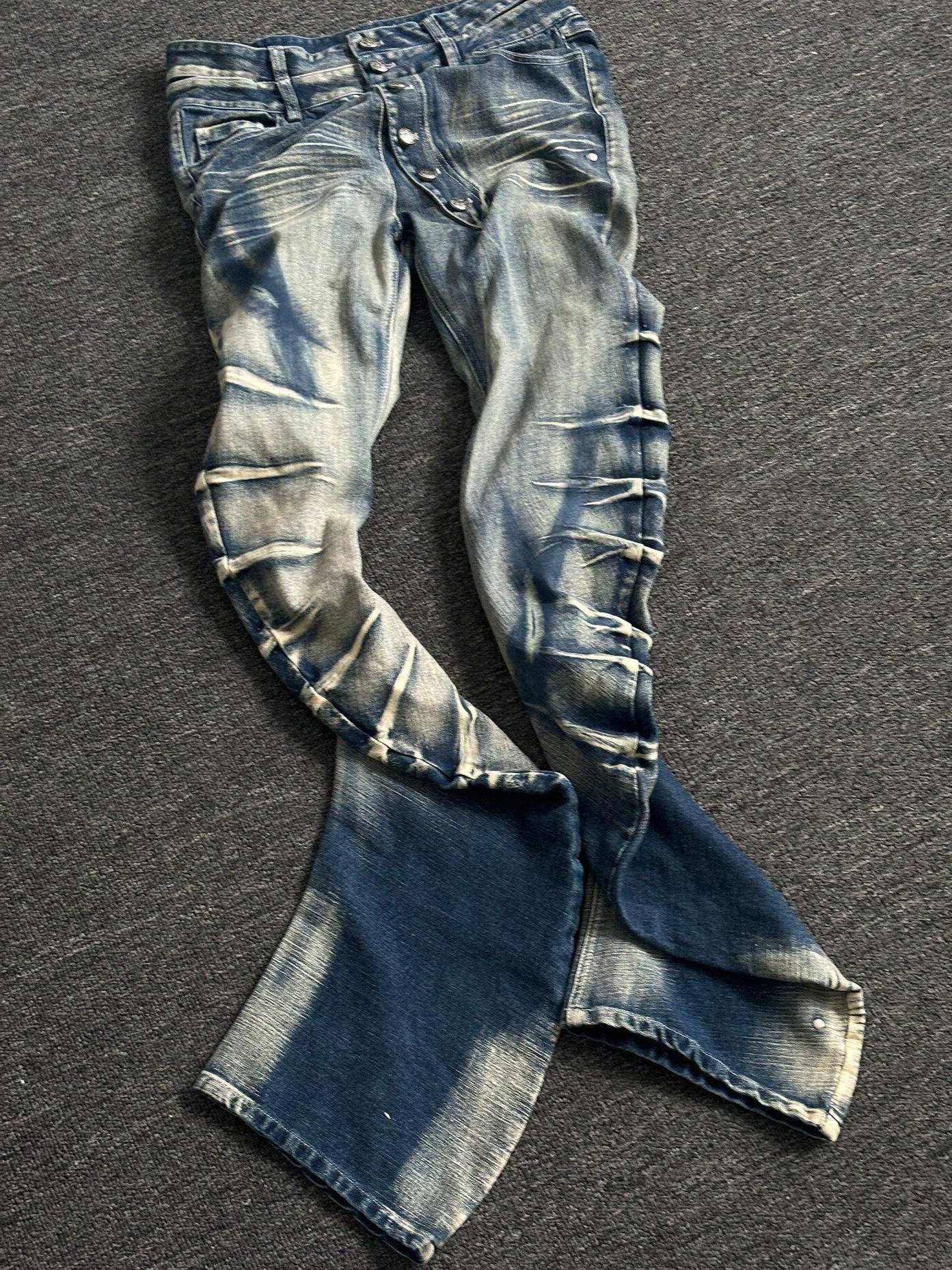 PAIKI High Stretch Shape Retaining Washed Rivet Low Rise Relaxed Blue Straight Jeans