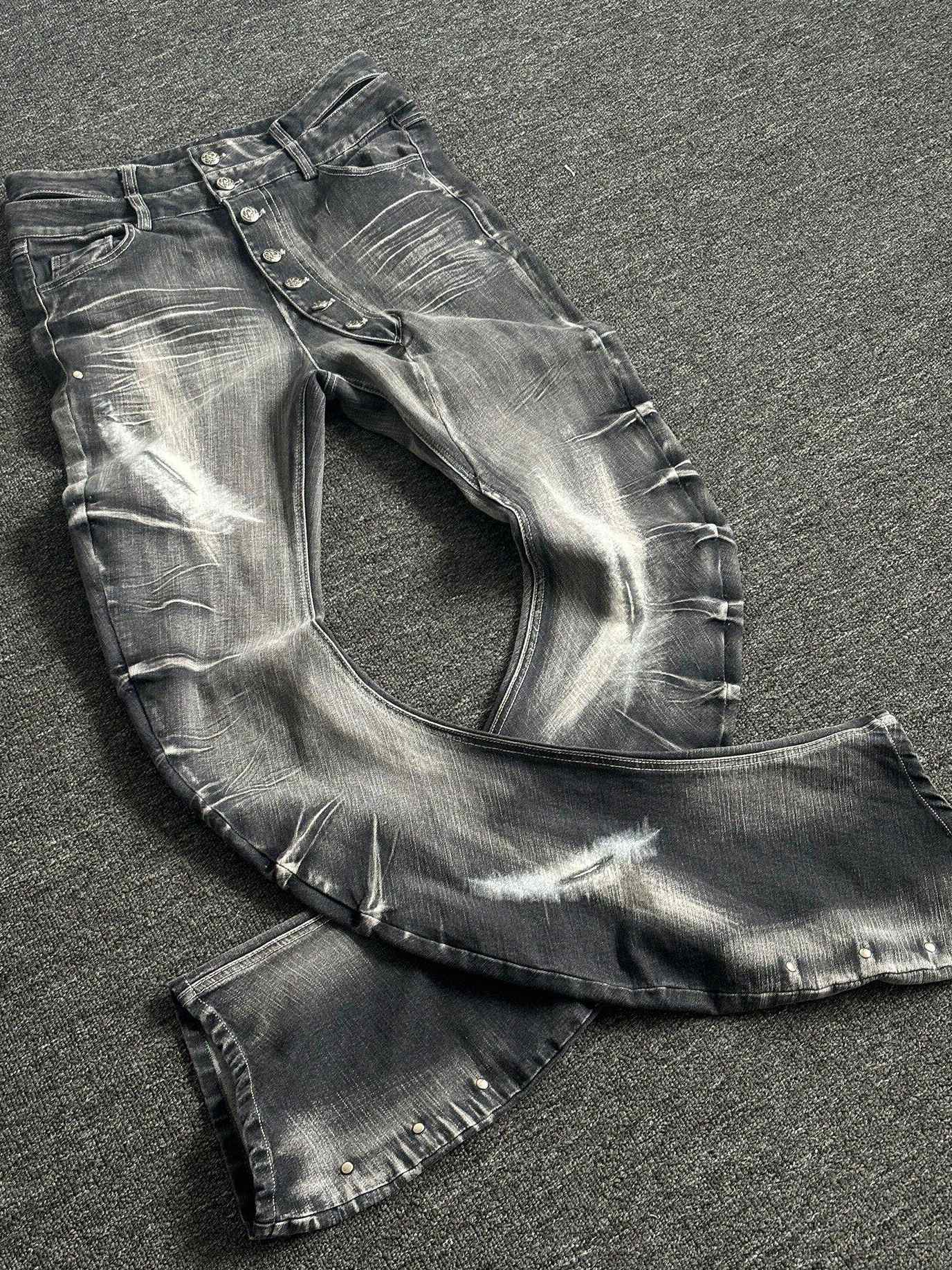 PAIKI High Stretch Shape Retaining Washed Rivet Low Rise Relaxed Blue Straight Jeans