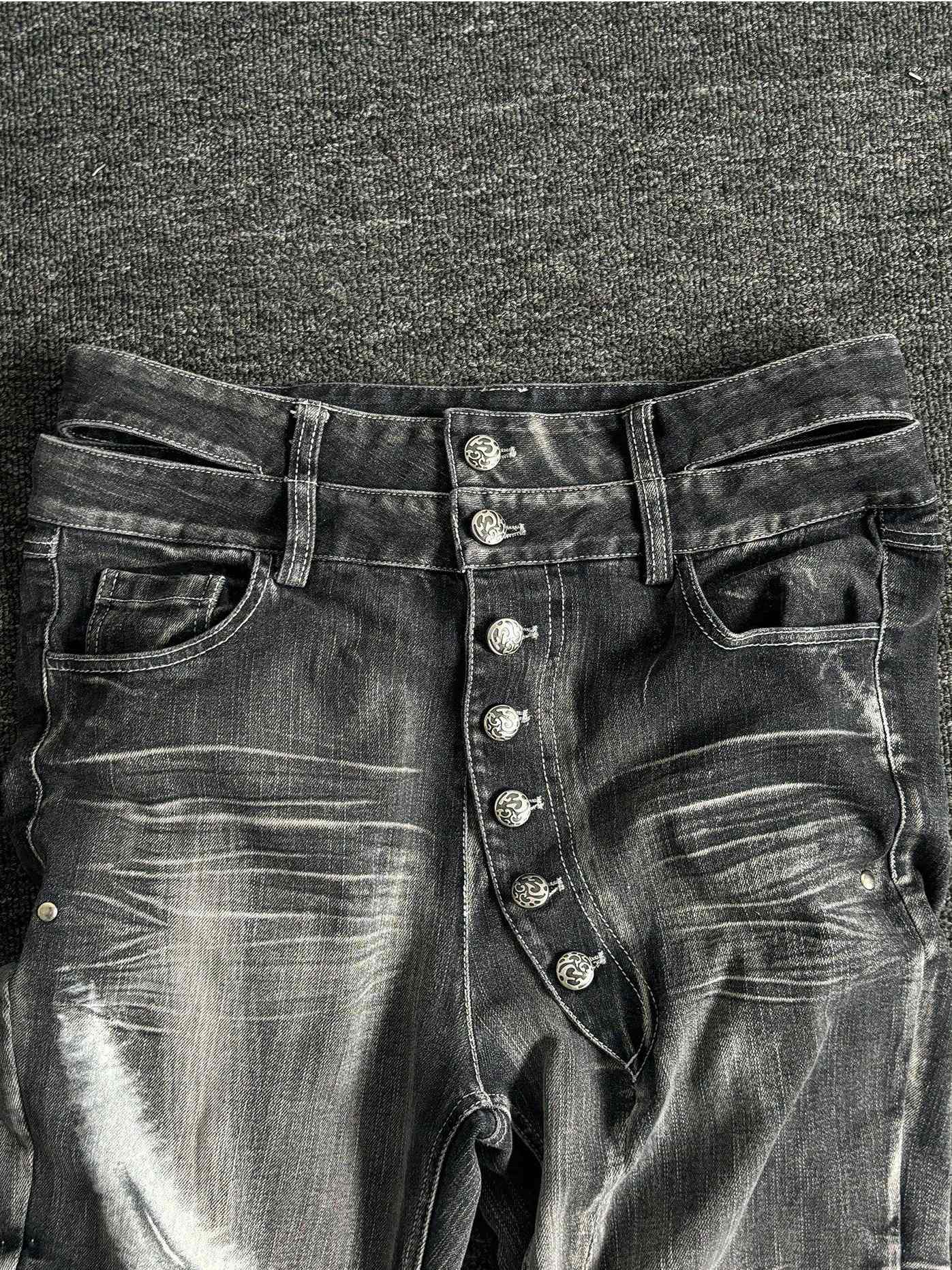 PAIKI High Stretch Shape Retaining Washed Rivet Low Rise Relaxed Blue Straight Jeans