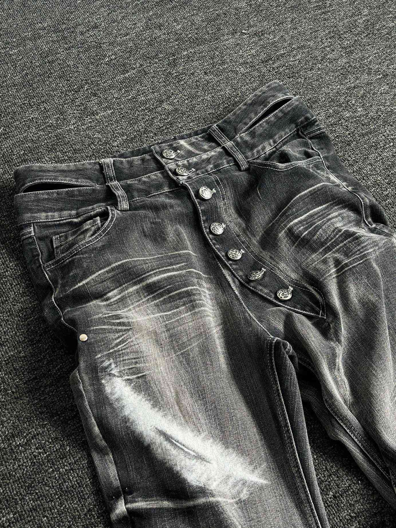 PAIKI High Stretch Shape Retaining Washed Rivet Low Rise Relaxed Blue Straight Jeans