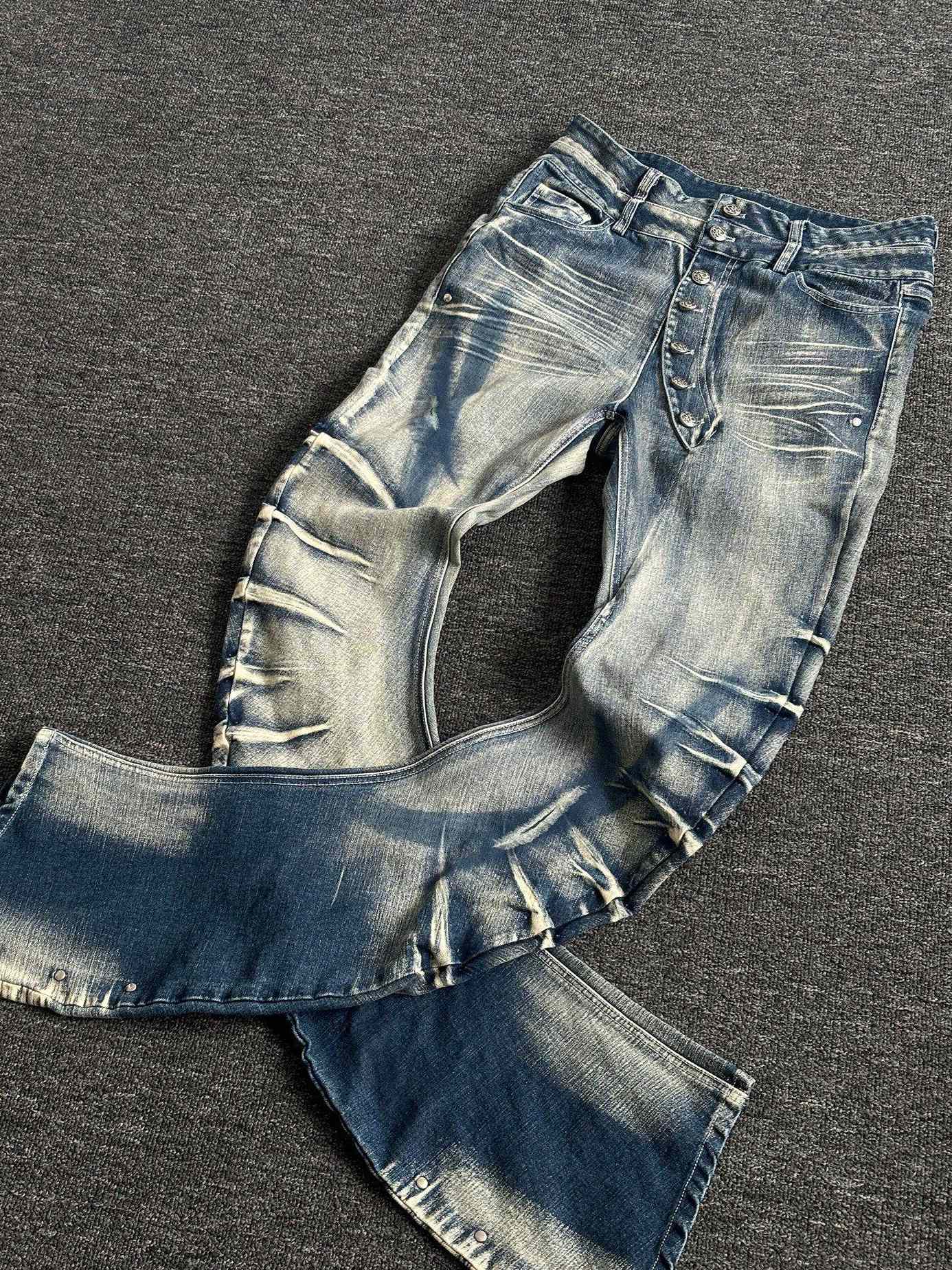 PAIKI High Stretch Shape Retaining Washed Rivet Low Rise Relaxed Blue Straight Jeans