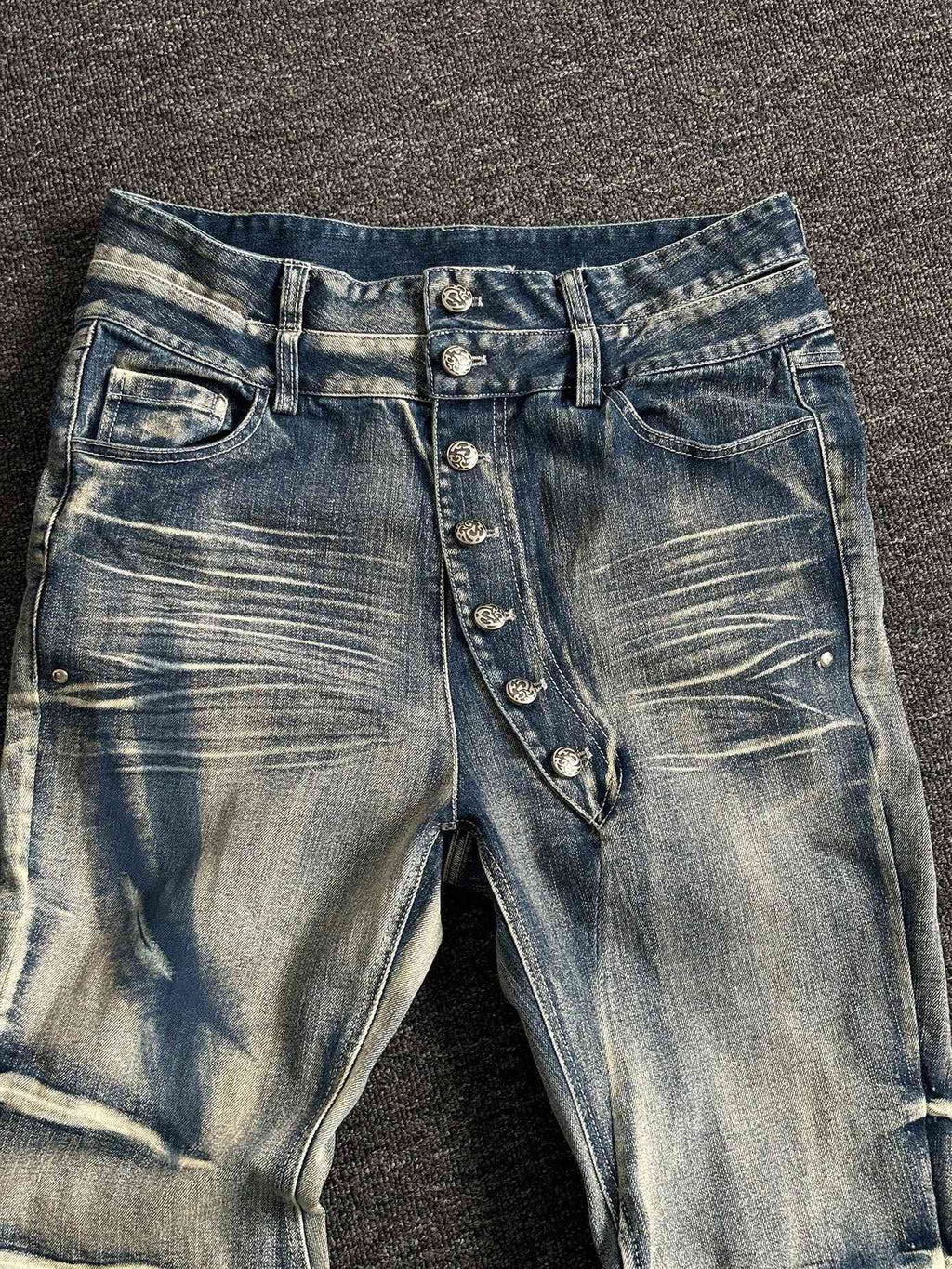 PAIKI High Stretch Shape Retaining Washed Rivet Low Rise Relaxed Blue Straight Jeans