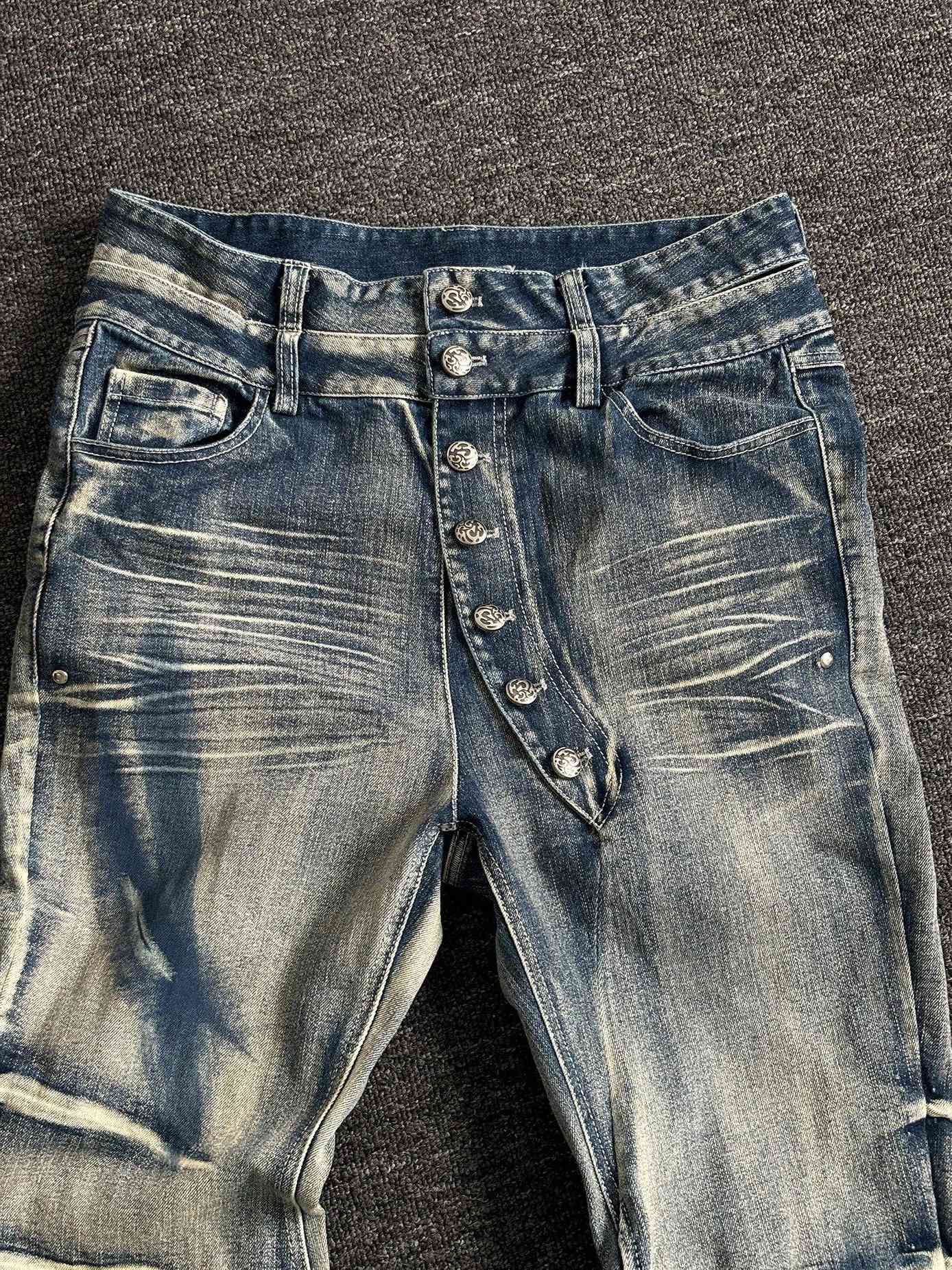 PAIKI High Stretch Shape Retaining Washed Rivet Low Rise Relaxed Blue Straight Jeans