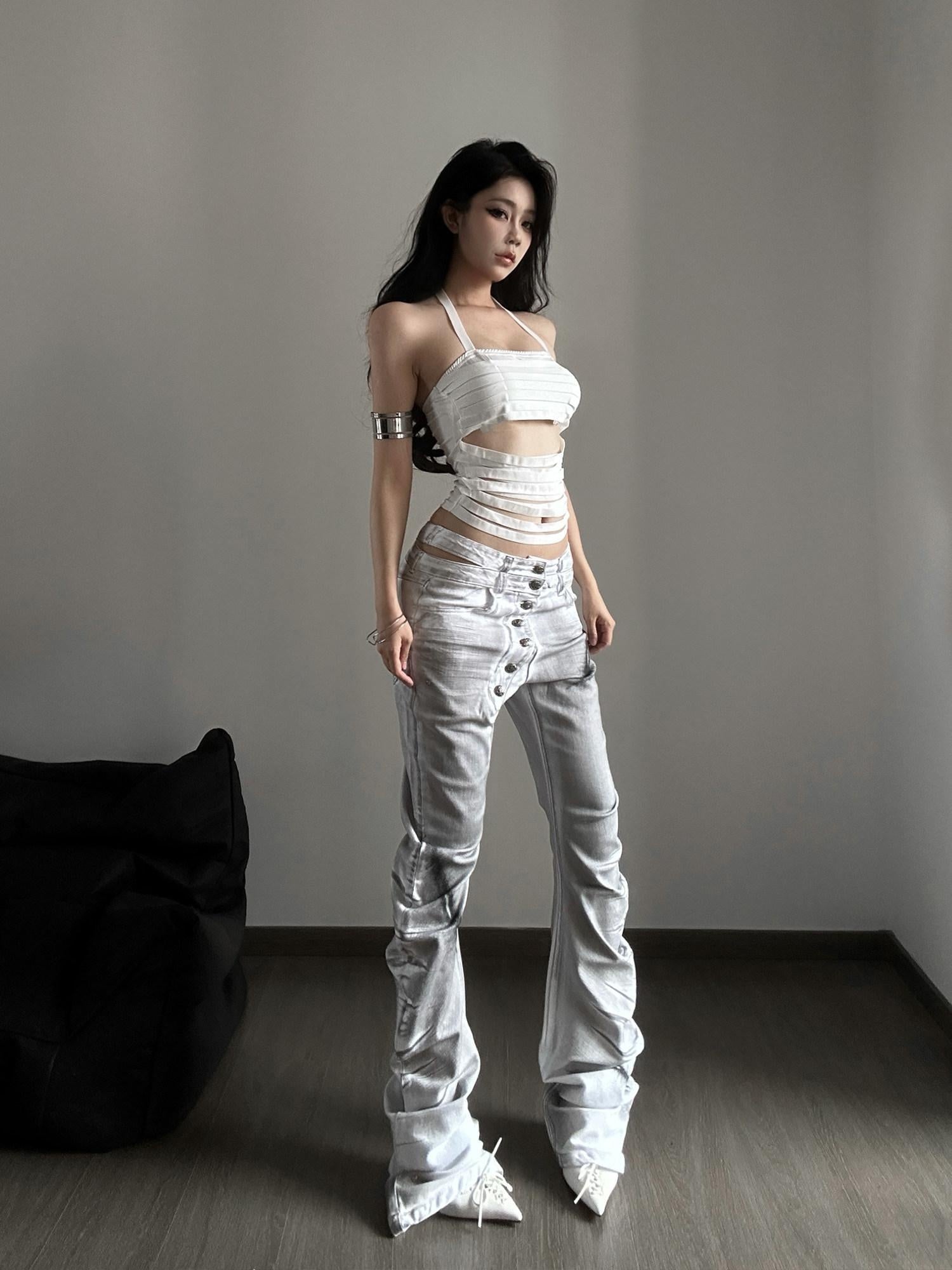PAIKI High Stretch Studded Washed Low Rise Loose White Denim Zip Fly Straight Jeans
