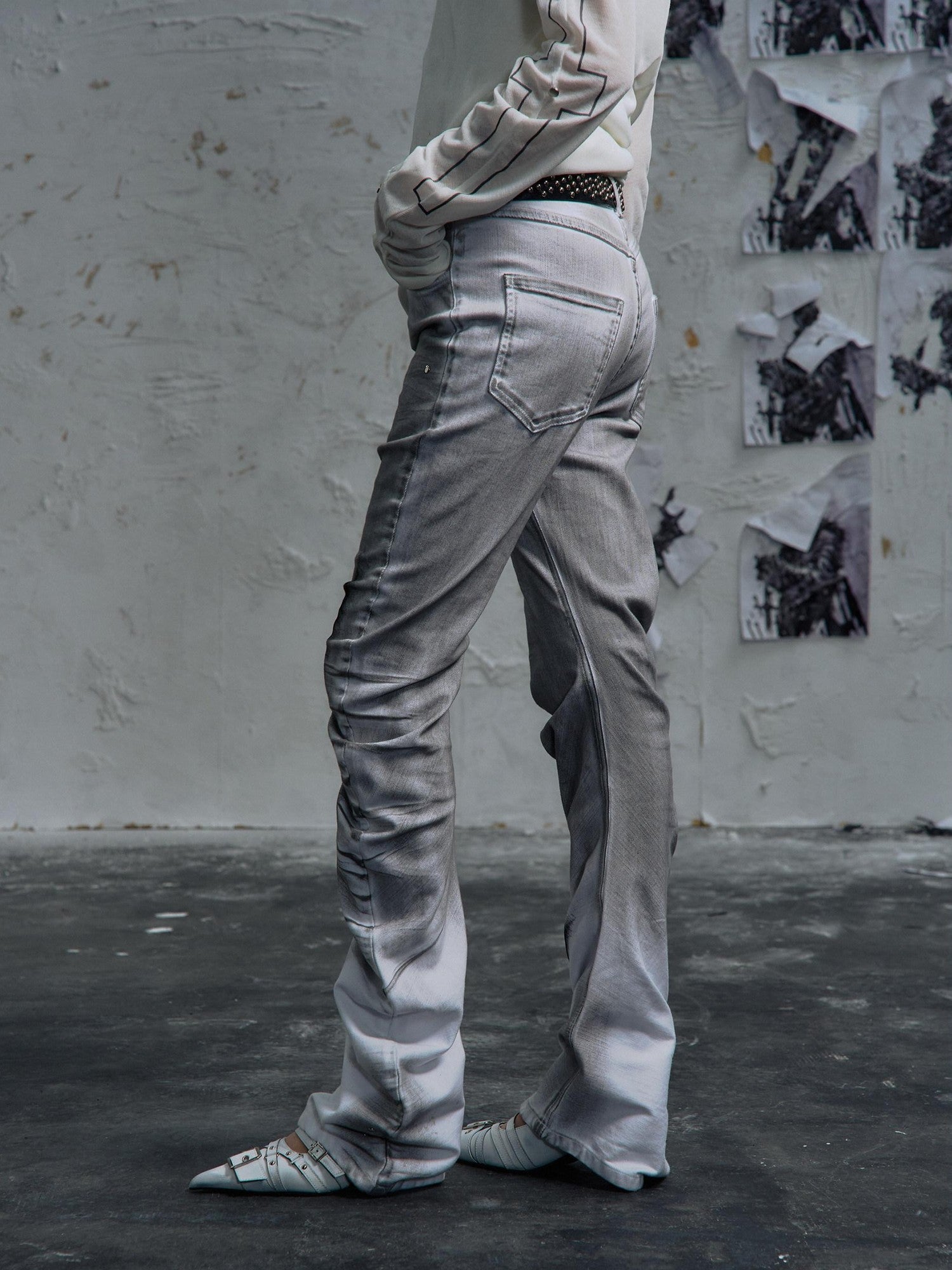 PAIKI High Stretch Studded Washed Low Rise Loose White Denim Zip Fly Straight Jeans