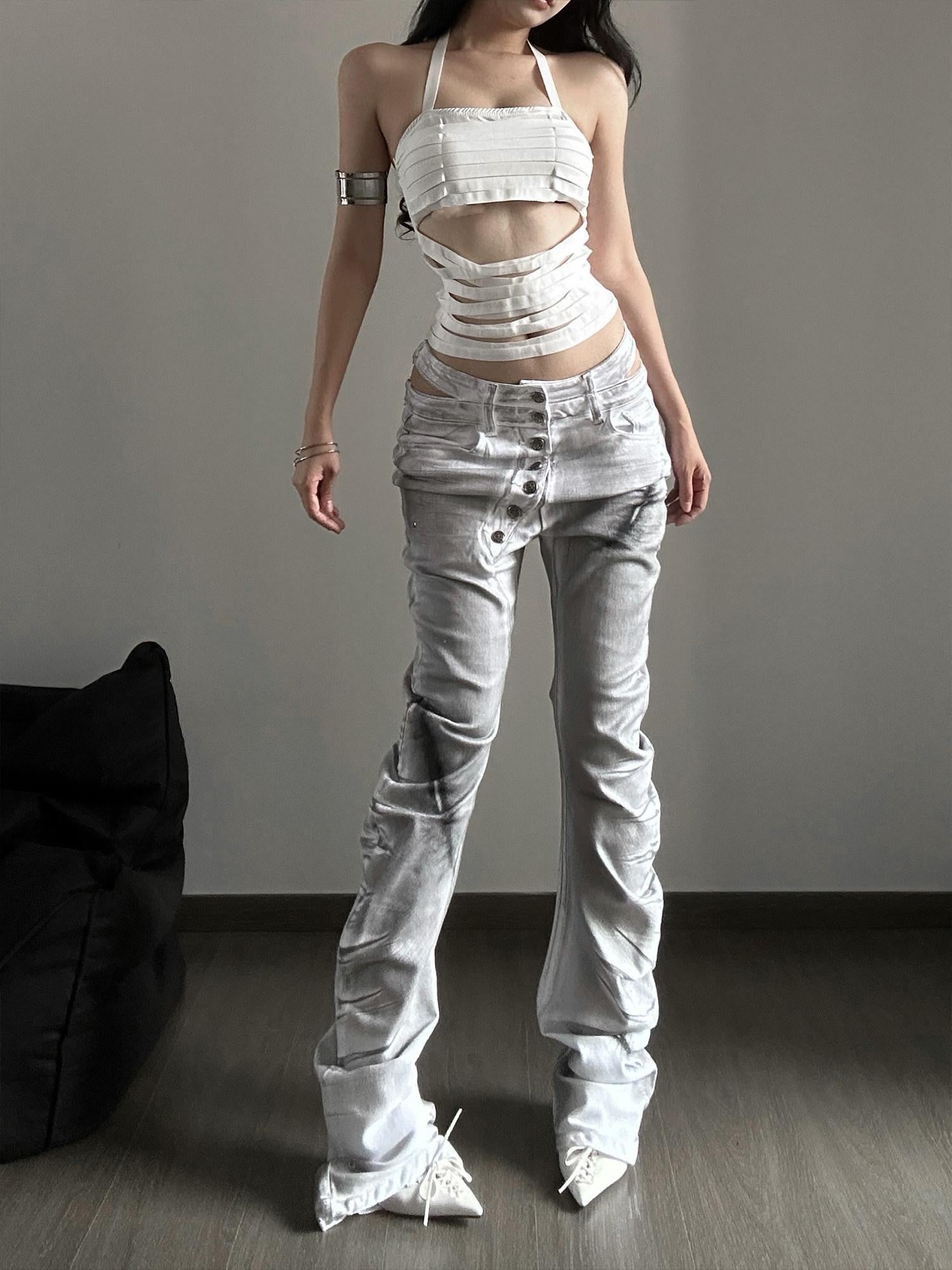 PAIKI High Stretch Studded Washed Low Rise Loose White Denim Zip Fly Straight Jeans