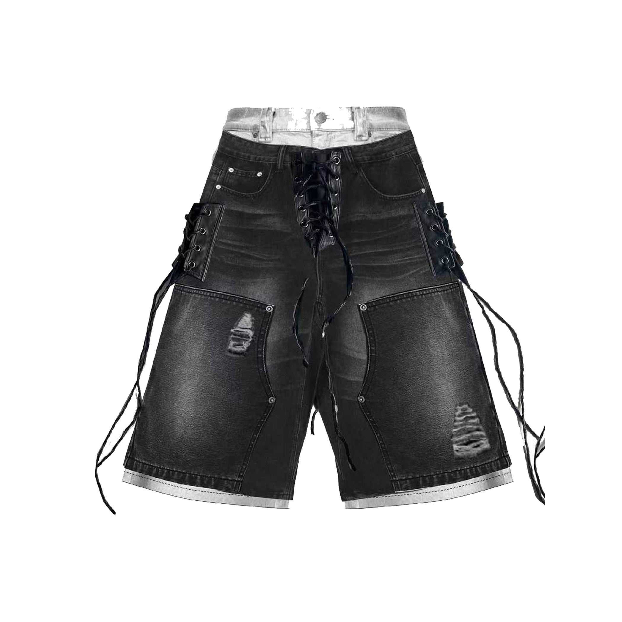 PAIKI_High_Waist_Denim_Tie_Detail_Loose_Fit_Unisex_Rock_Print_Black_Short_Trousers_MISSTT