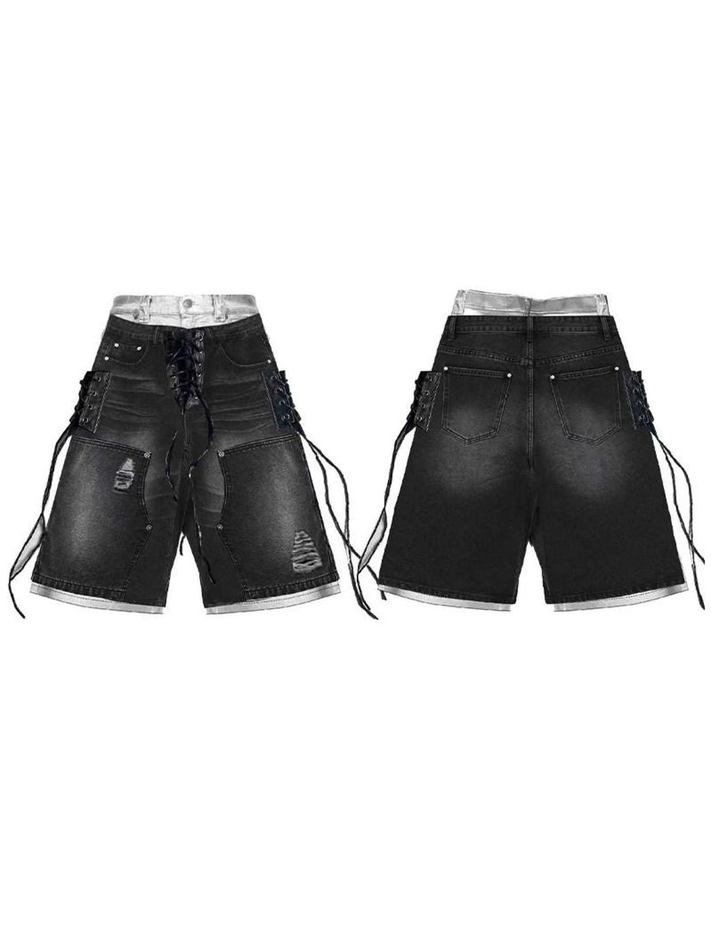 PAIKI High Waist Denim Tie Detail Loose Fit Unisex Rock Print Black Short Trousers