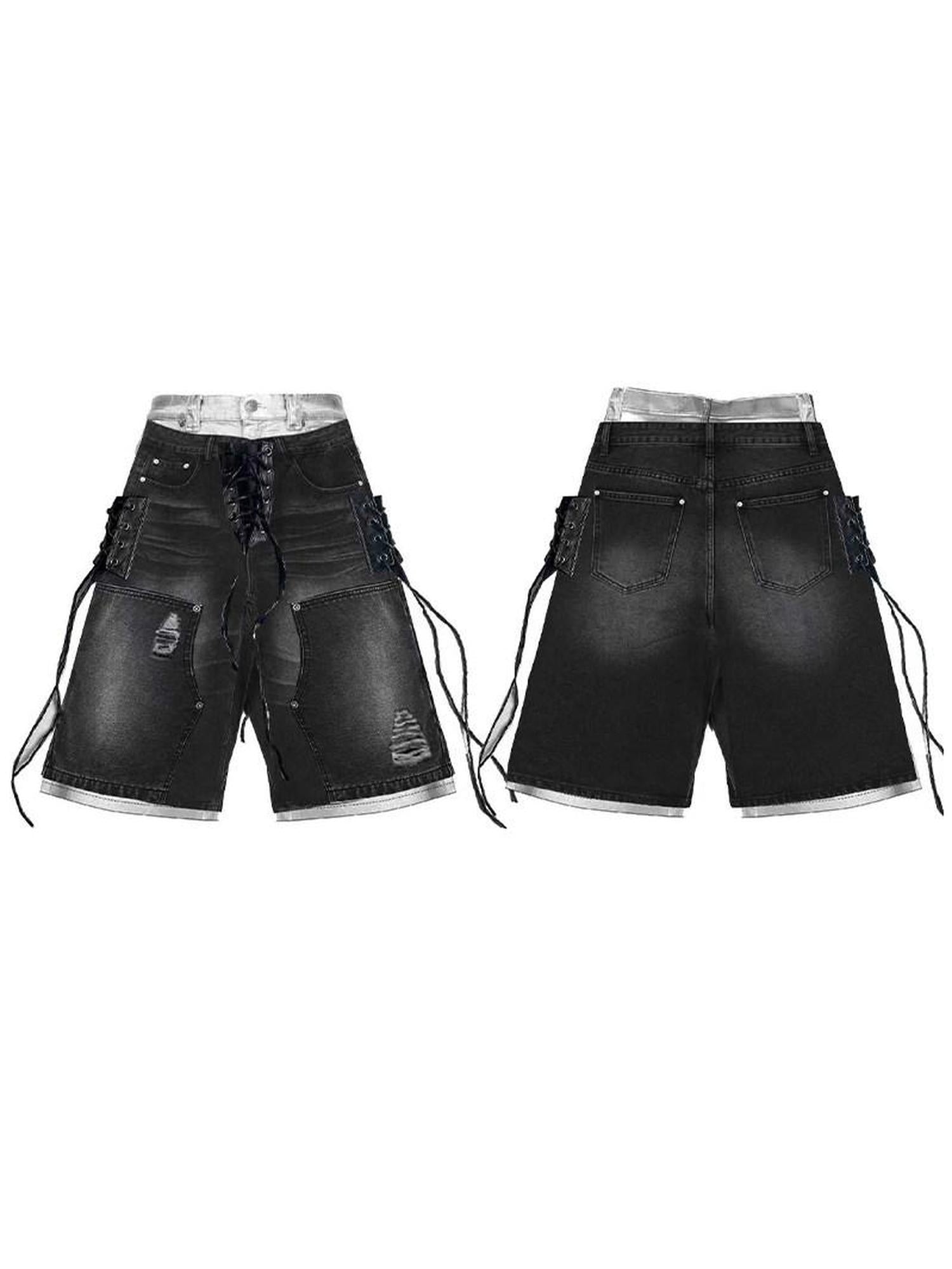 PAIKI High Waist Denim Tie Detail Loose Fit Unisex Rock Print Black Short Trousers