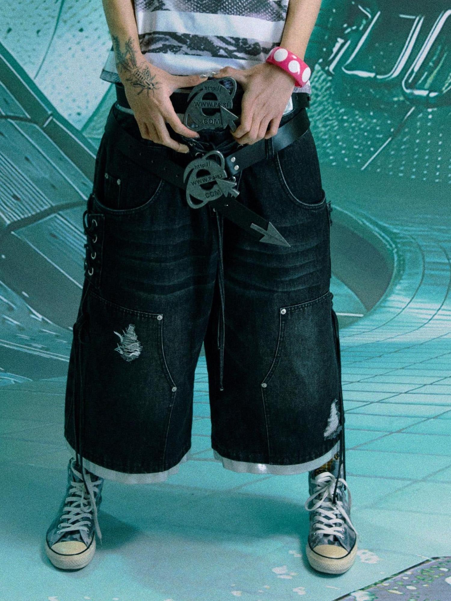 PAIKI High Waist Denim Tie Detail Loose Fit Unisex Rock Print Black Short Trousers