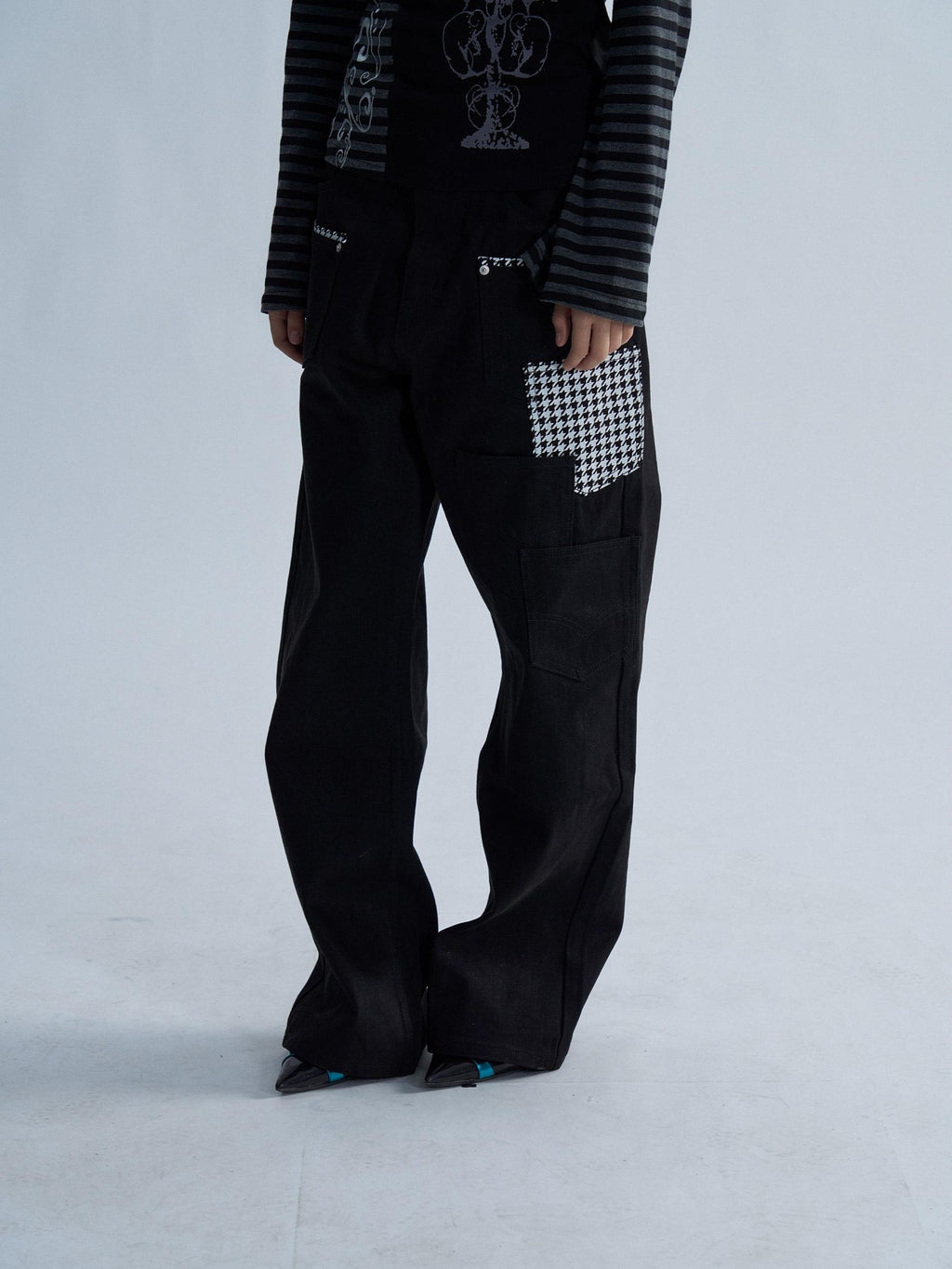 PAIKI Houndstooth Multi Pocket Spliced 13oz Selvedge Cotton Women's Relaxed Jeans