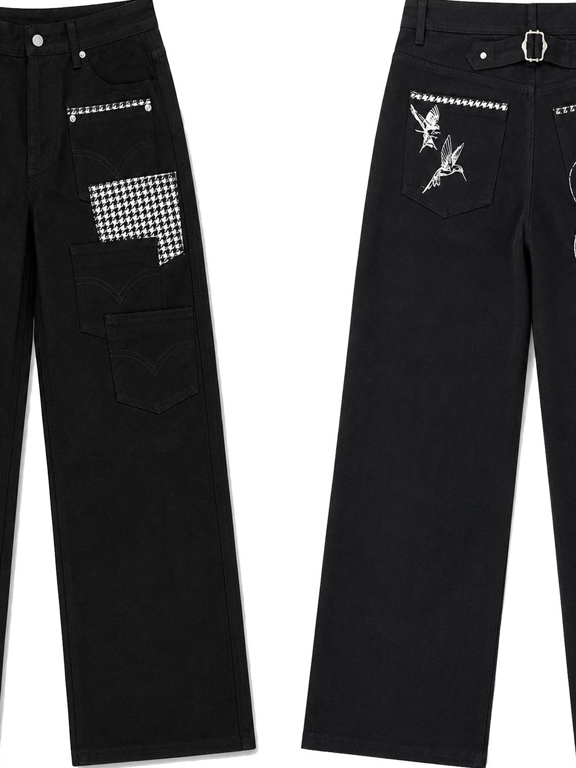 PAIKI Houndstooth Multi Pocket Spliced 13oz Selvedge Cotton Women's Relaxed Jeans