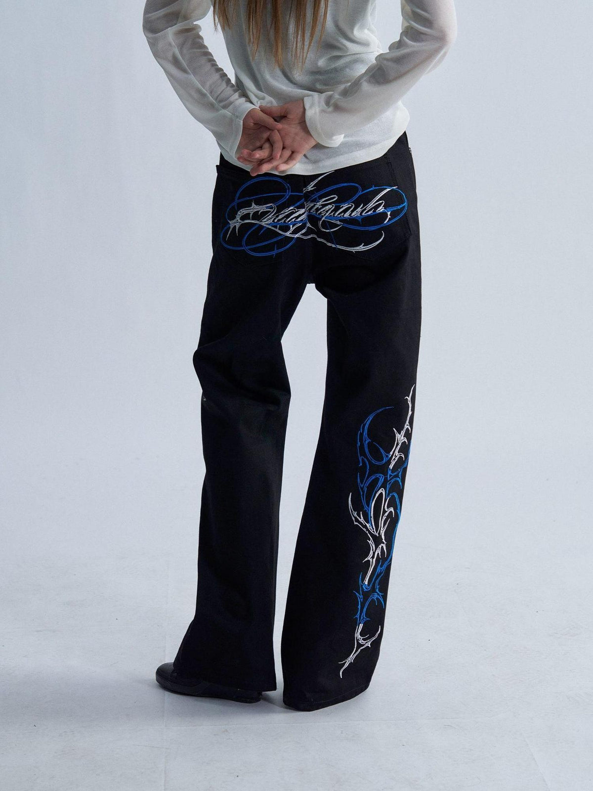 PAIKI Ice Blue Thorn Embroidery 13oz Selvedge Women's Straight Jeans