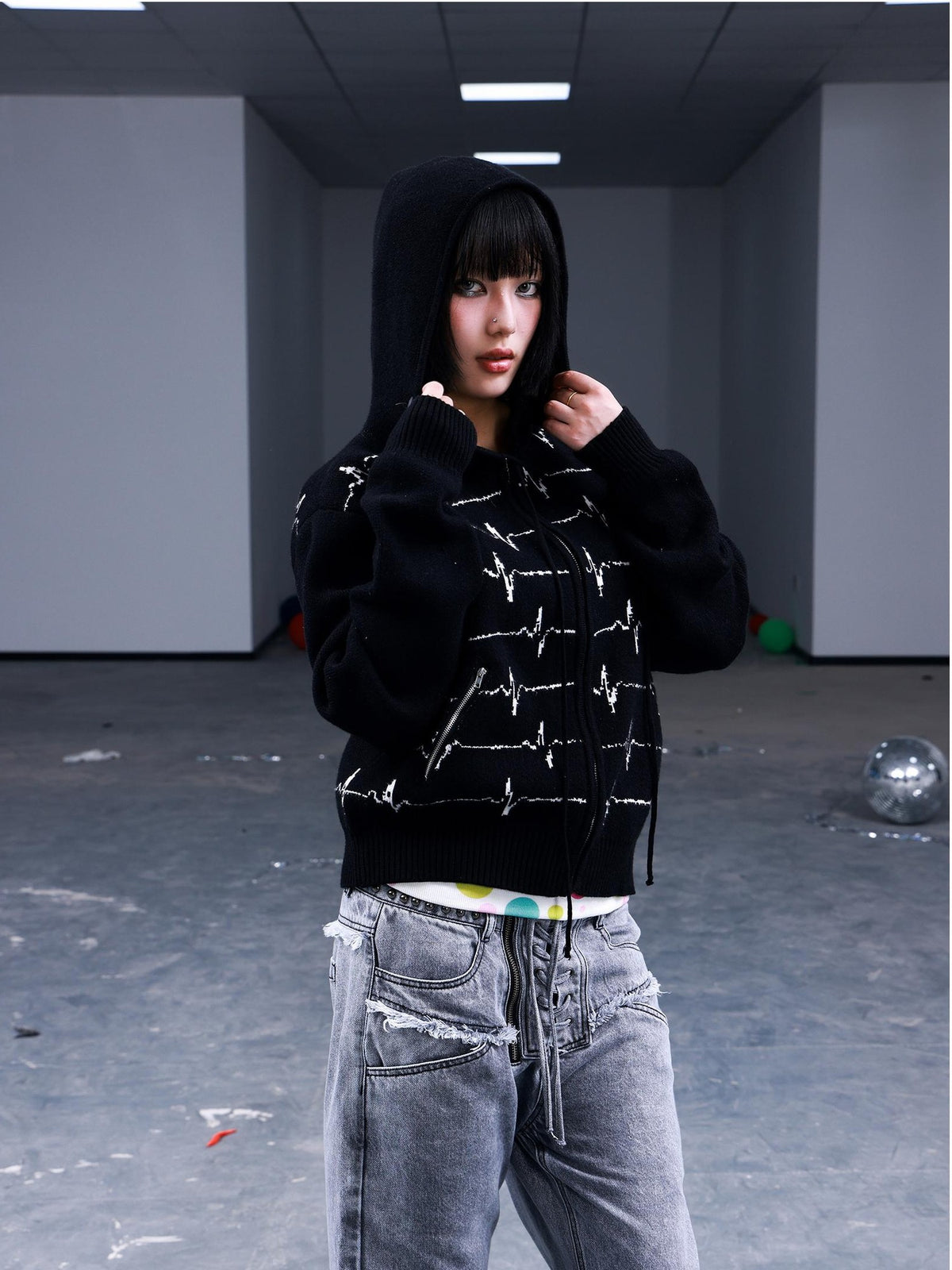 PAIKI Jacquard Punk Print Striped Women's Cotton Zip-up Hoodies