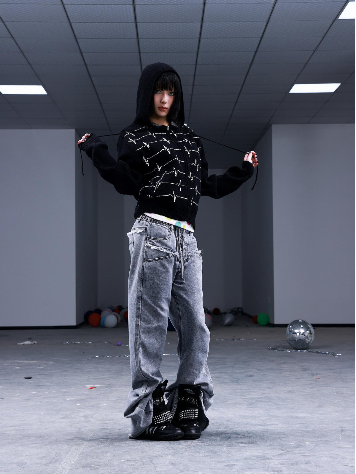 PAIKI Jacquard Punk Print Striped Women's Cotton Zip-up Hoodies