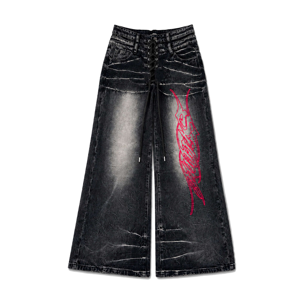 PAIKI_Lace_Up_Washed_Distressed_Letter_Embroidered_Women's_Denim_Bootcut_Jeans_1074016029326_MISSTT