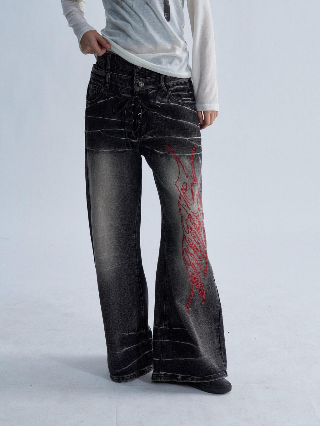 PAIKI Lace Up Washed Distressed Letter Embroidered Women's Denim Bootcut Jeans