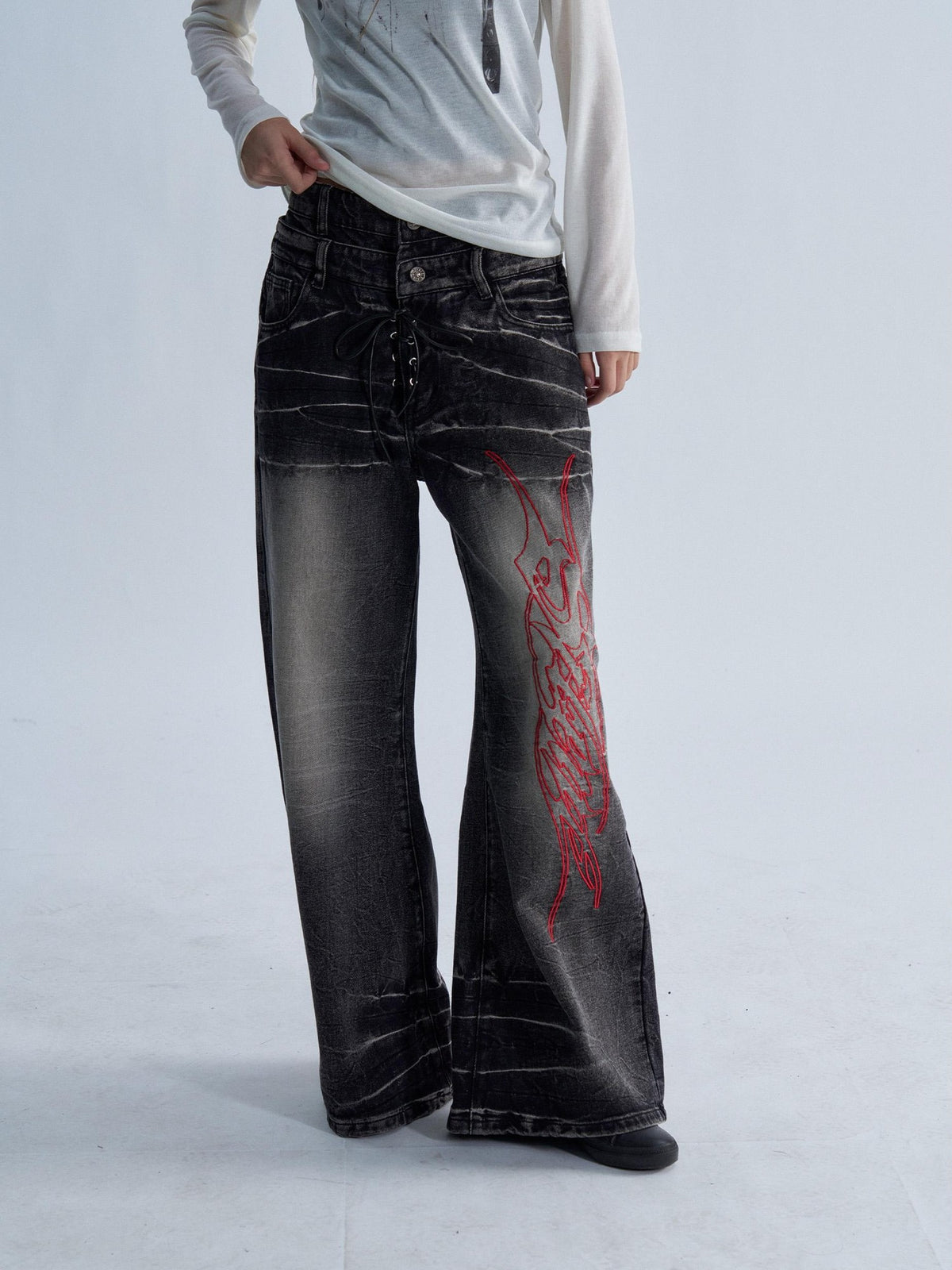 PAIKI Lace Up Washed Distressed Letter Embroidered Women's Denim Bootcut Jeans