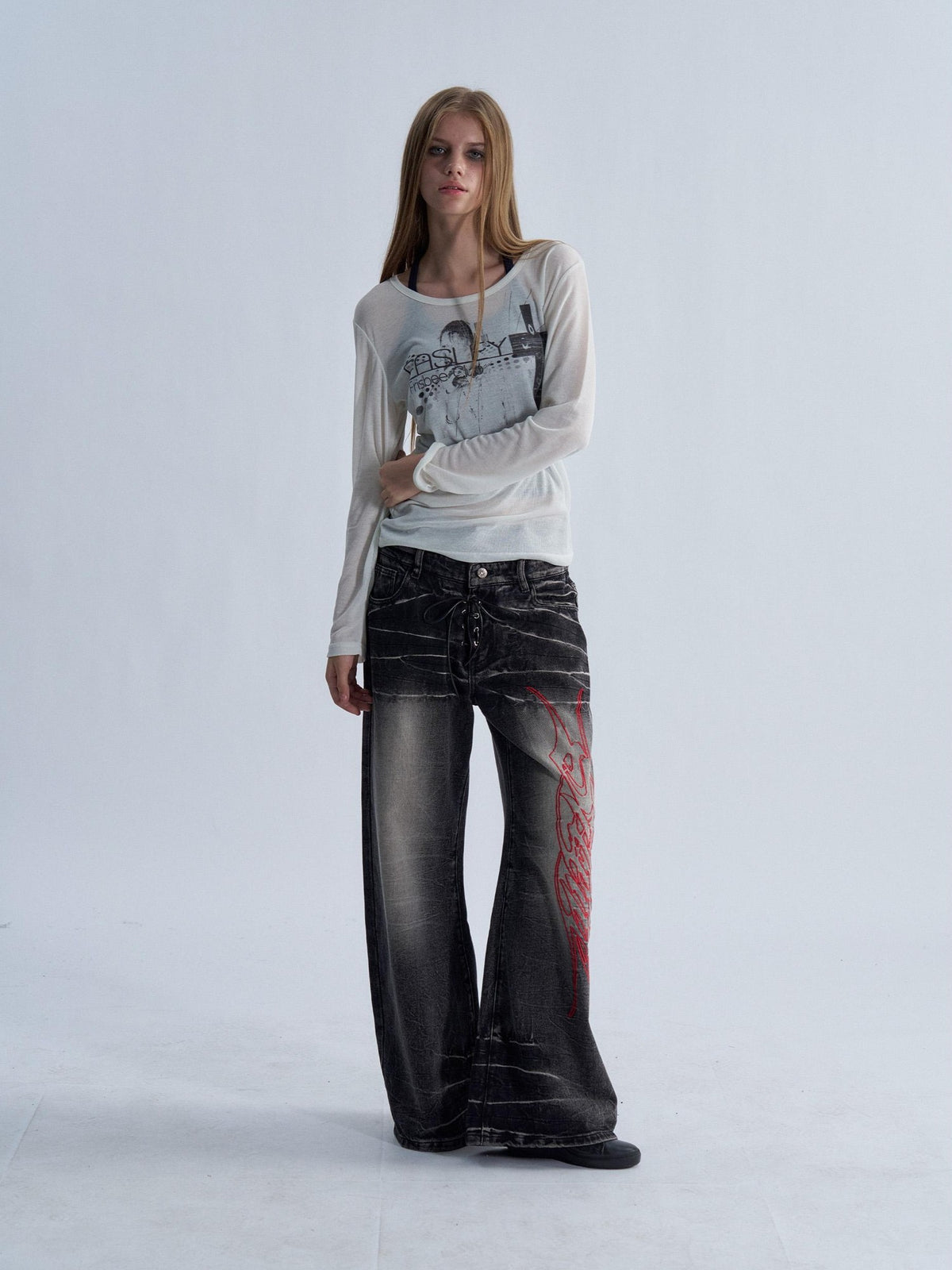 PAIKI Lace Up Washed Distressed Letter Embroidered Women's Denim Bootcut Jeans