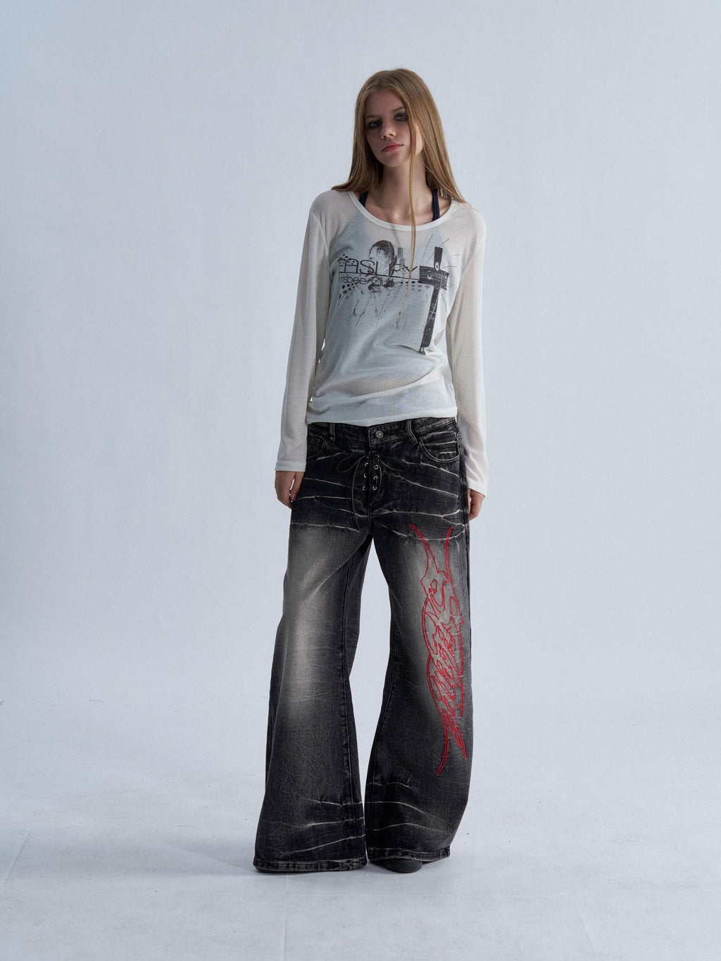 PAIKI Lace Up Washed Distressed Letter Embroidered Women's Denim Bootcut Jeans