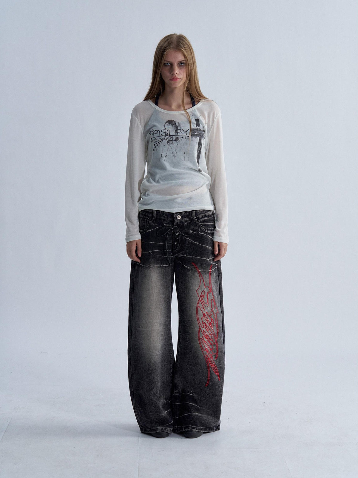 PAIKI Lace Up Washed Distressed Letter Embroidered Women's Denim Bootcut Jeans