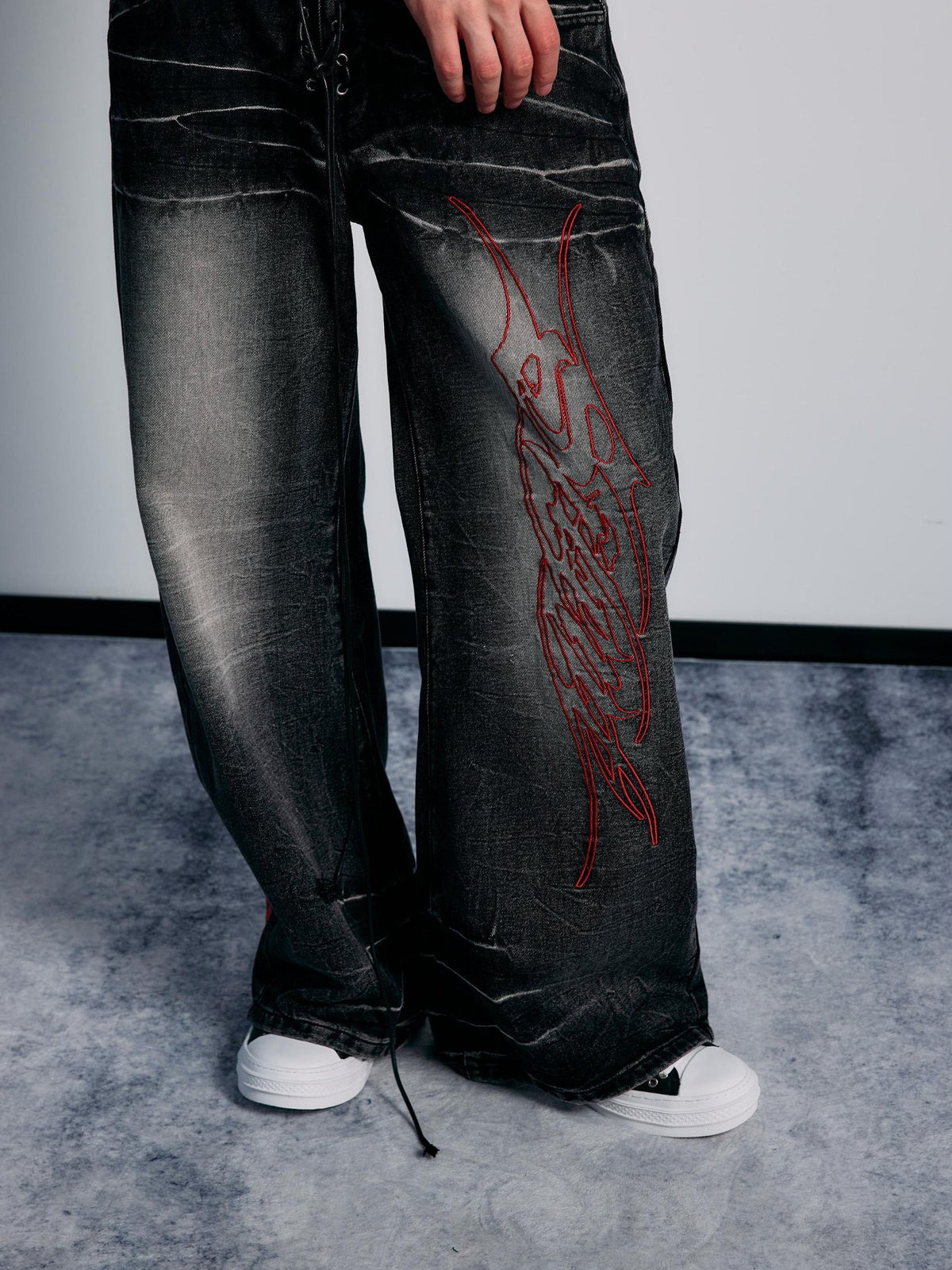 PAIKI Lace Up Washed Distressed Letter Embroidered Women's Denim Bootcut Jeans