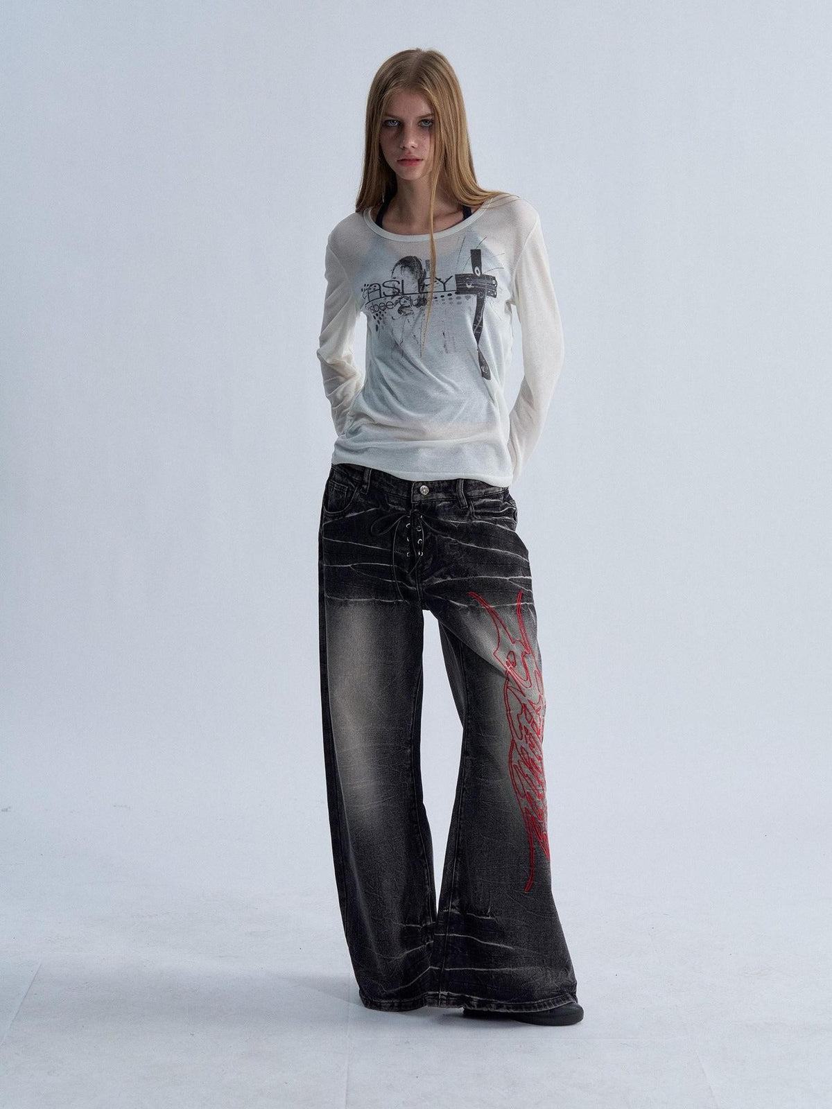 PAIKI Lace Up Washed Distressed Letter Embroidered Women's Denim Bootcut Jeans