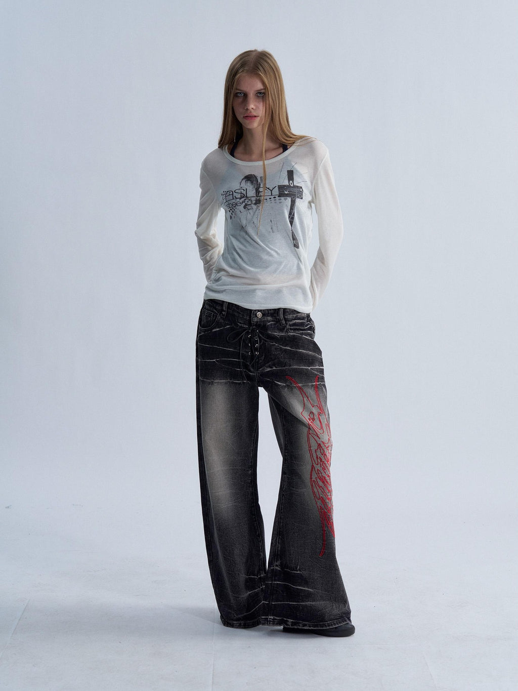 PAIKI Lace Up Washed Distressed Letter Embroidered Women's Denim Bootcut Jeans