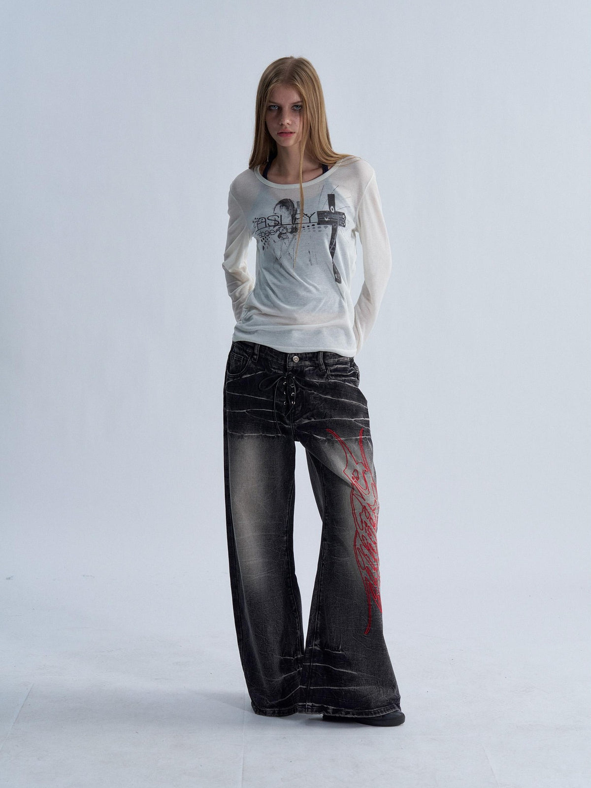 PAIKI Lace Up Washed Distressed Letter Embroidered Women's Denim Bootcut Jeans