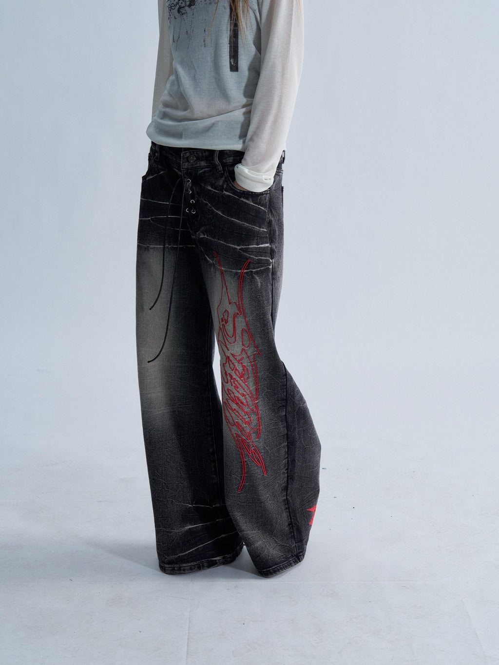 PAIKI Lace Up Washed Distressed Letter Embroidered Women's Denim Bootcut Jeans