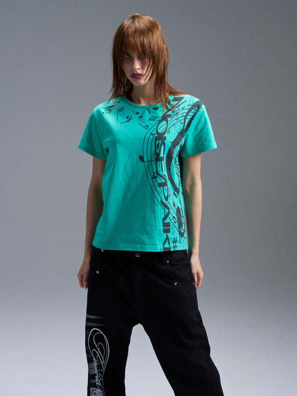 PAIKI Lake Blue Music Note Digital Print Women's Cotton Short Sleeve T-shirts