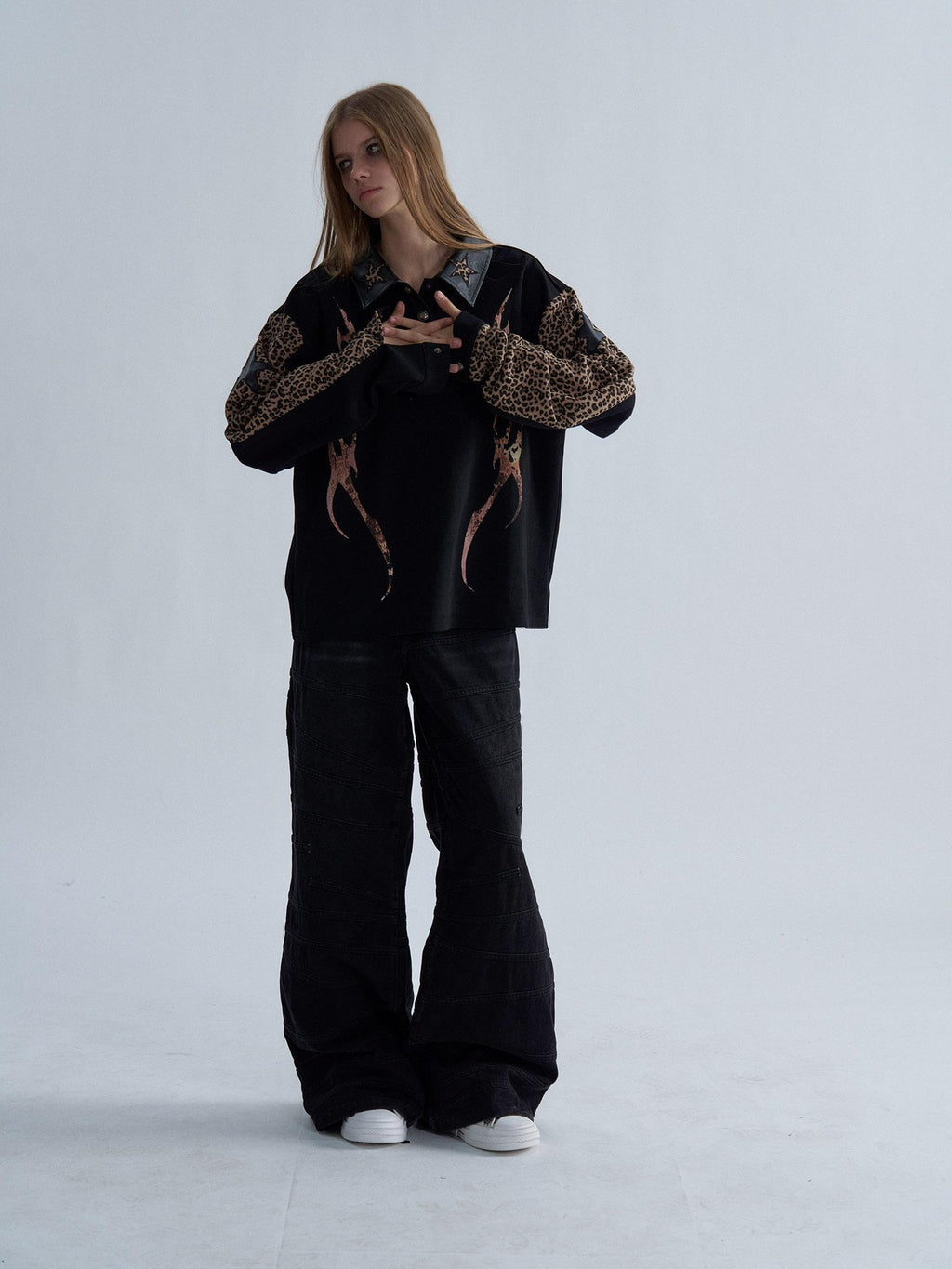 PAIKI Leopard Print Embroidered Raglan Long Sleeve Punk Women's Cotton Quarter-zip Sweatshirts