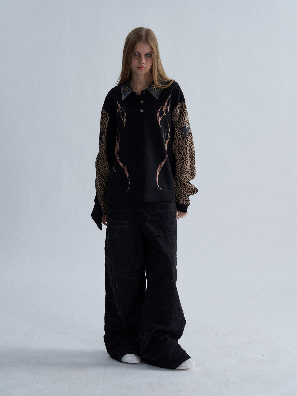 PAIKI Leopard Print Embroidered Raglan Long Sleeve Punk Women's Cotton Quarter-zip Sweatshirts