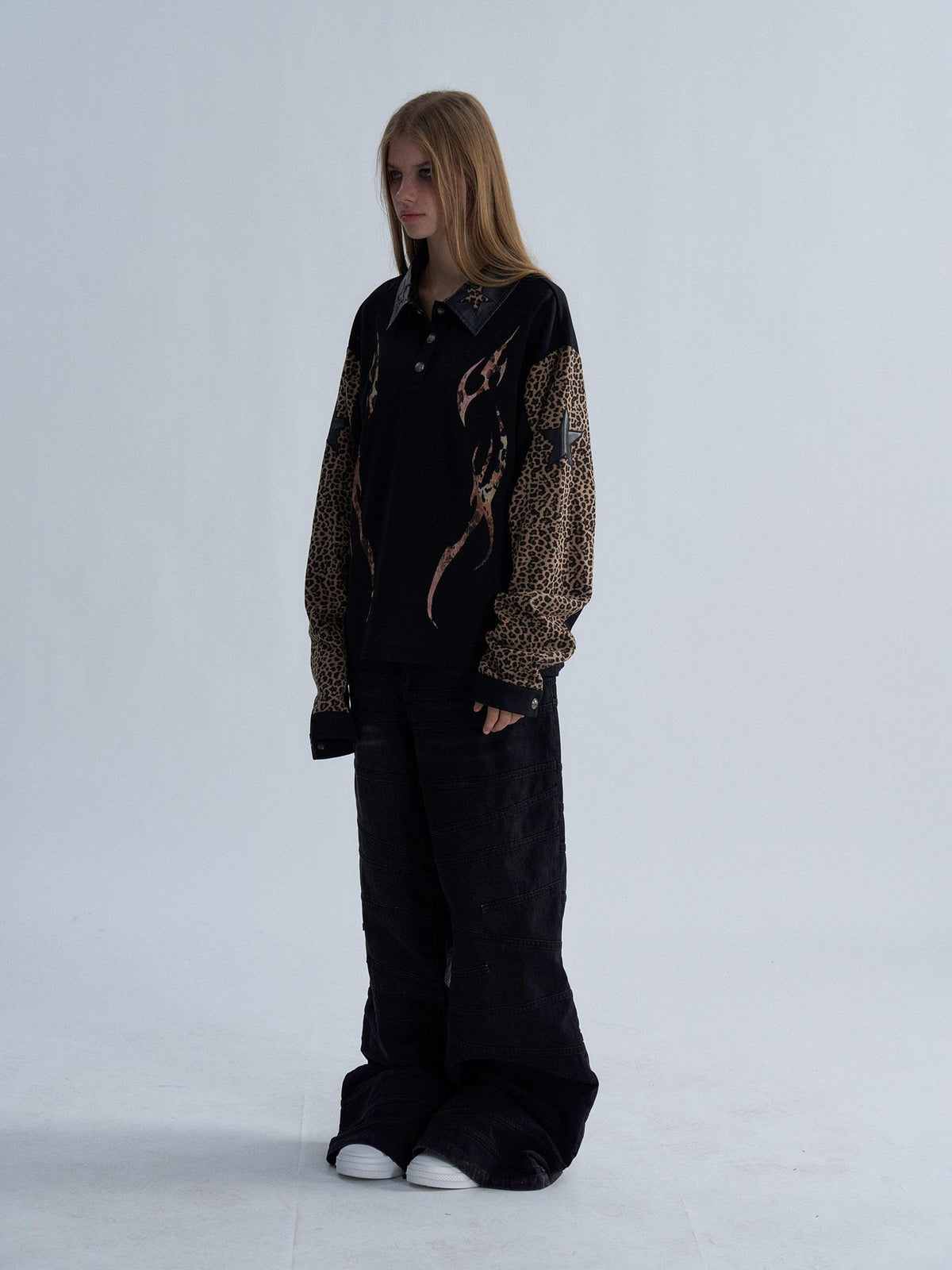 PAIKI Leopard Print Embroidered Raglan Long Sleeve Punk Women's Cotton Quarter-zip Sweatshirts